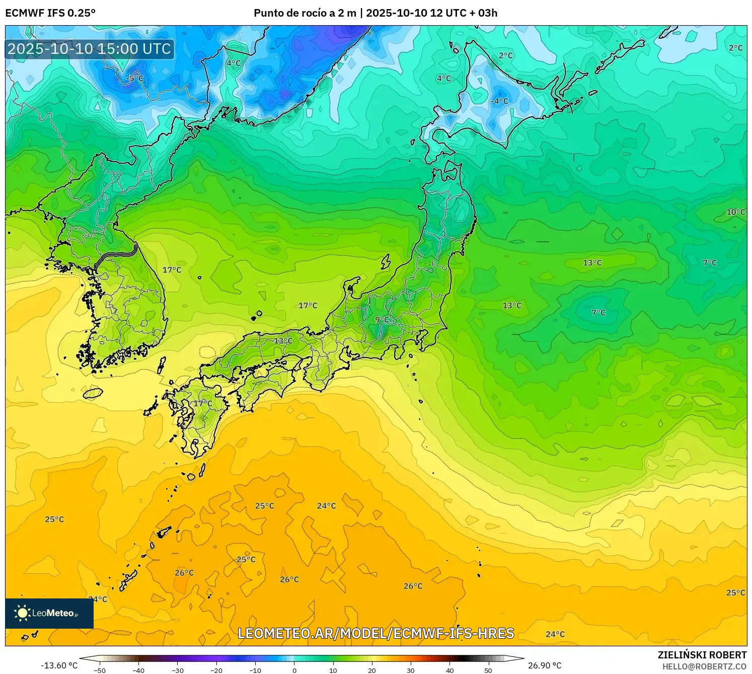ECMWF IFS 0.25° model - Japón, Punto de rocío a 2 m ECMWF IFS 0.25° model - Japón, Punto de rocío a 2 m