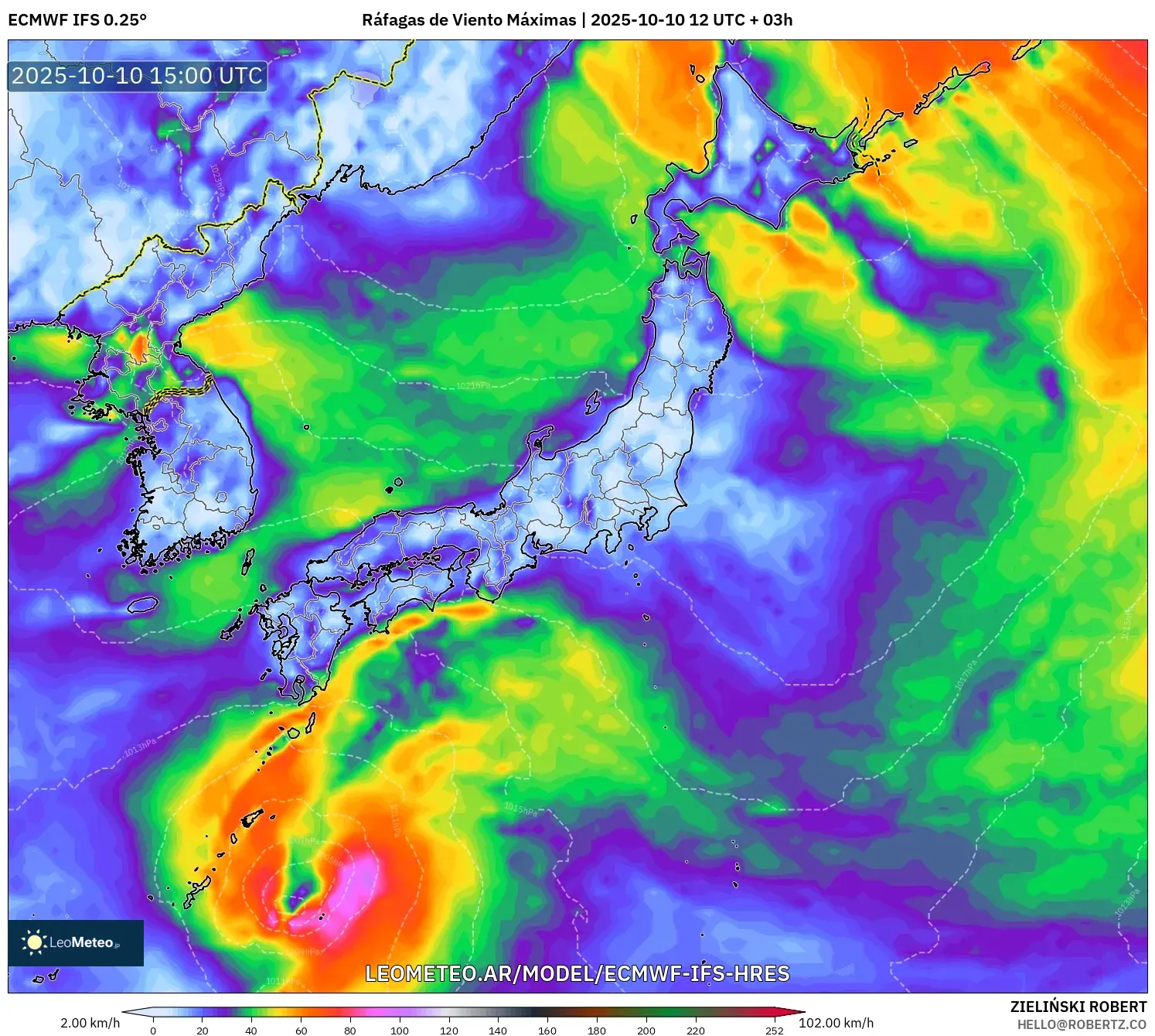 ECMWF IFS 0.25° model - Japón, Ráfagas de Viento Máximas
