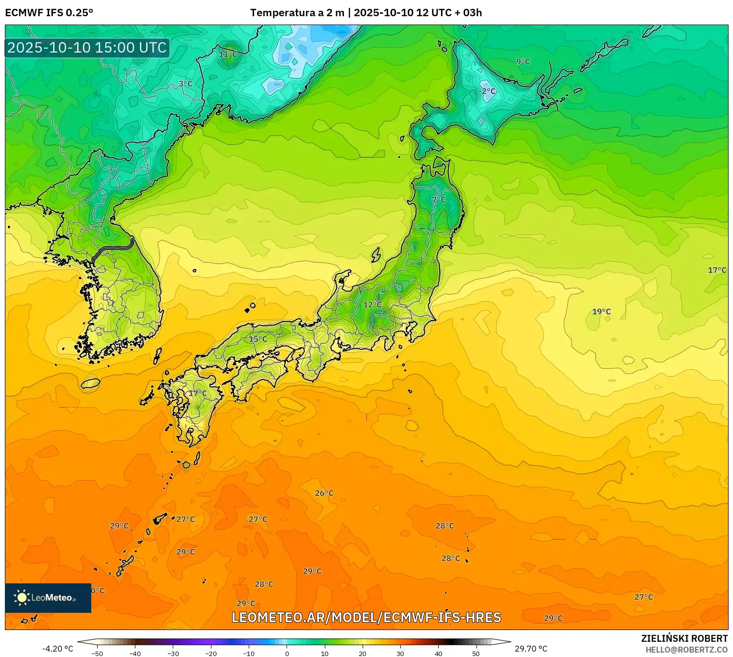 ECMWF IFS 0.25° model - Japón, Temperatura a 2 m ECMWF IFS 0.25° model - Japón, Temperatura a 2 m