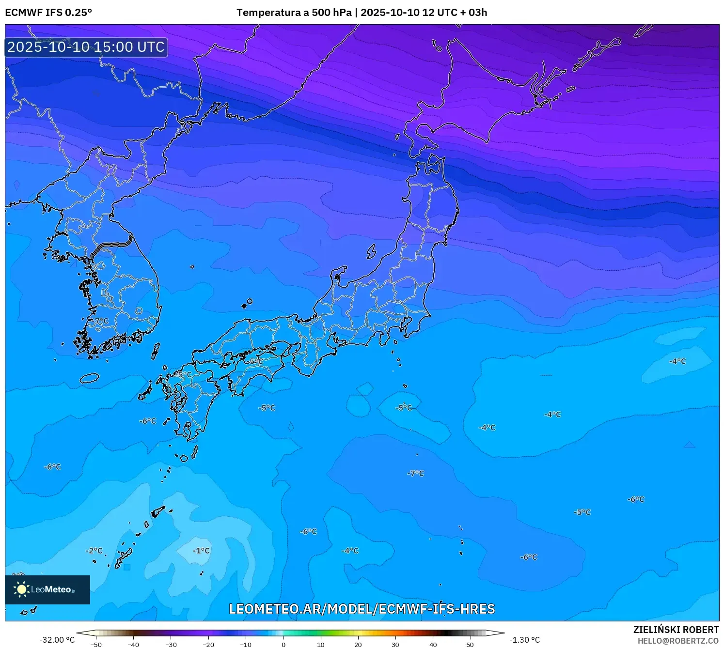 ECMWF IFS 0.25° model - Japón, Temperatura a 500 hPa ECMWF IFS 0.25° model - Japón, Temperatura a 500 hPa