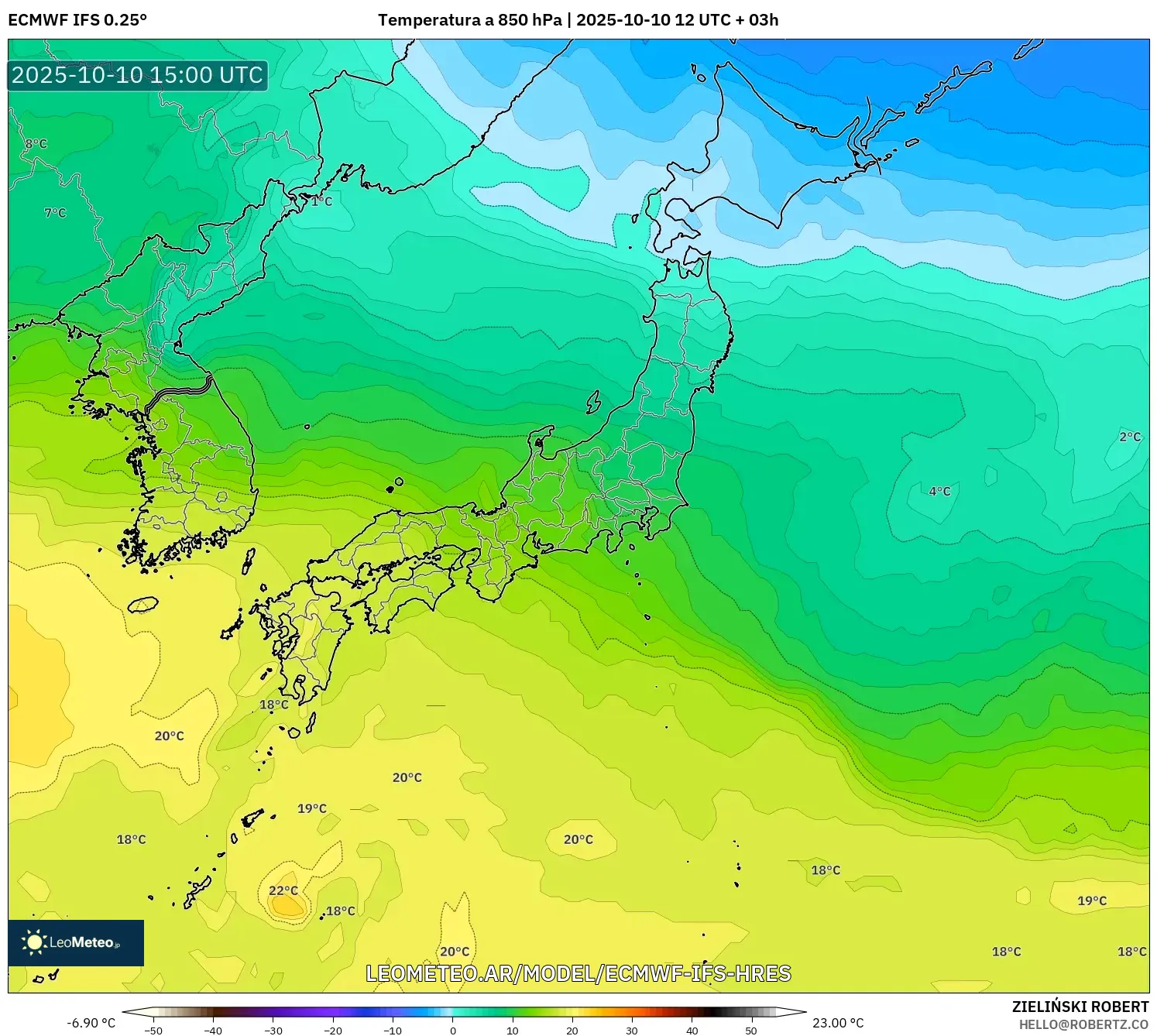 ECMWF IFS 0.25° model - Japón, Temperatura a 850 hPa ECMWF IFS 0.25° model - Japón, Temperatura a 850 hPa