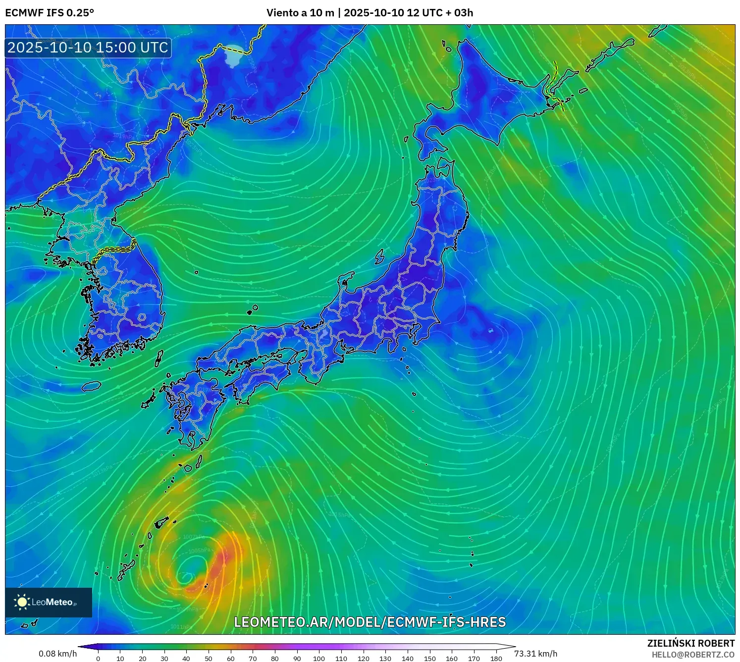 ECMWF IFS 0.25° model - Japón, Viento a 10 m ECMWF IFS 0.25° model - Japón, Viento a 10 m