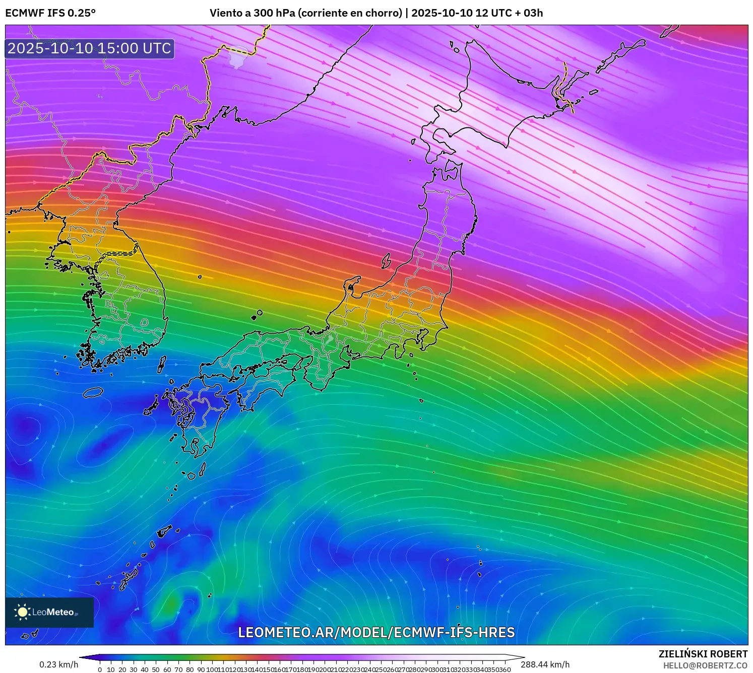 ECMWF IFS 0.25° model - Japón, Viento a 300 hPa (corriente en chorro) ECMWF IFS 0.25° model - Japón, Viento a 300 hPa (corriente en chorro)