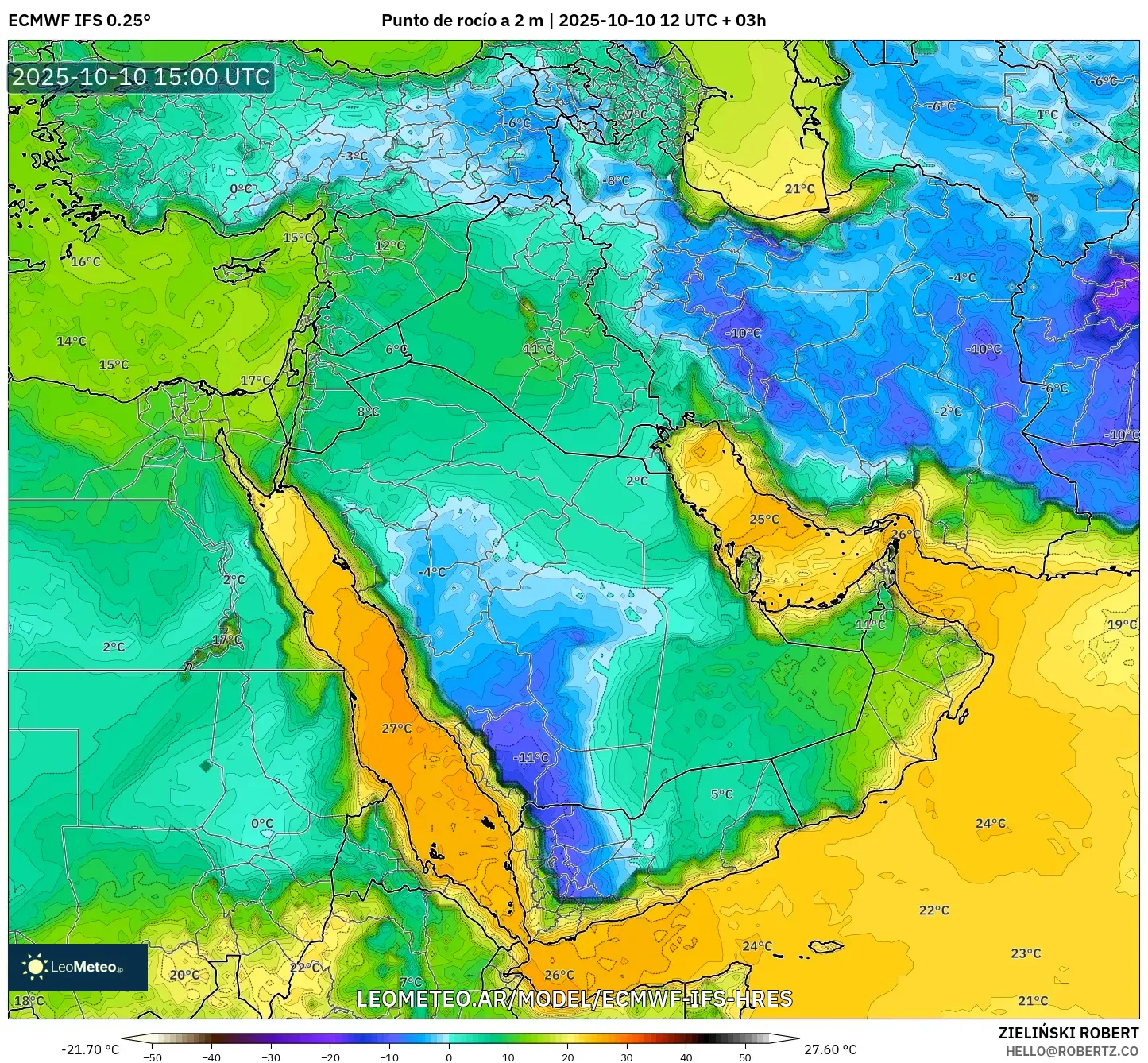ECMWF IFS 0.25° model - Oriente Medio, Punto de rocío a 2 m ECMWF IFS 0.25° model - Oriente Medio, Punto de rocío a 2 m