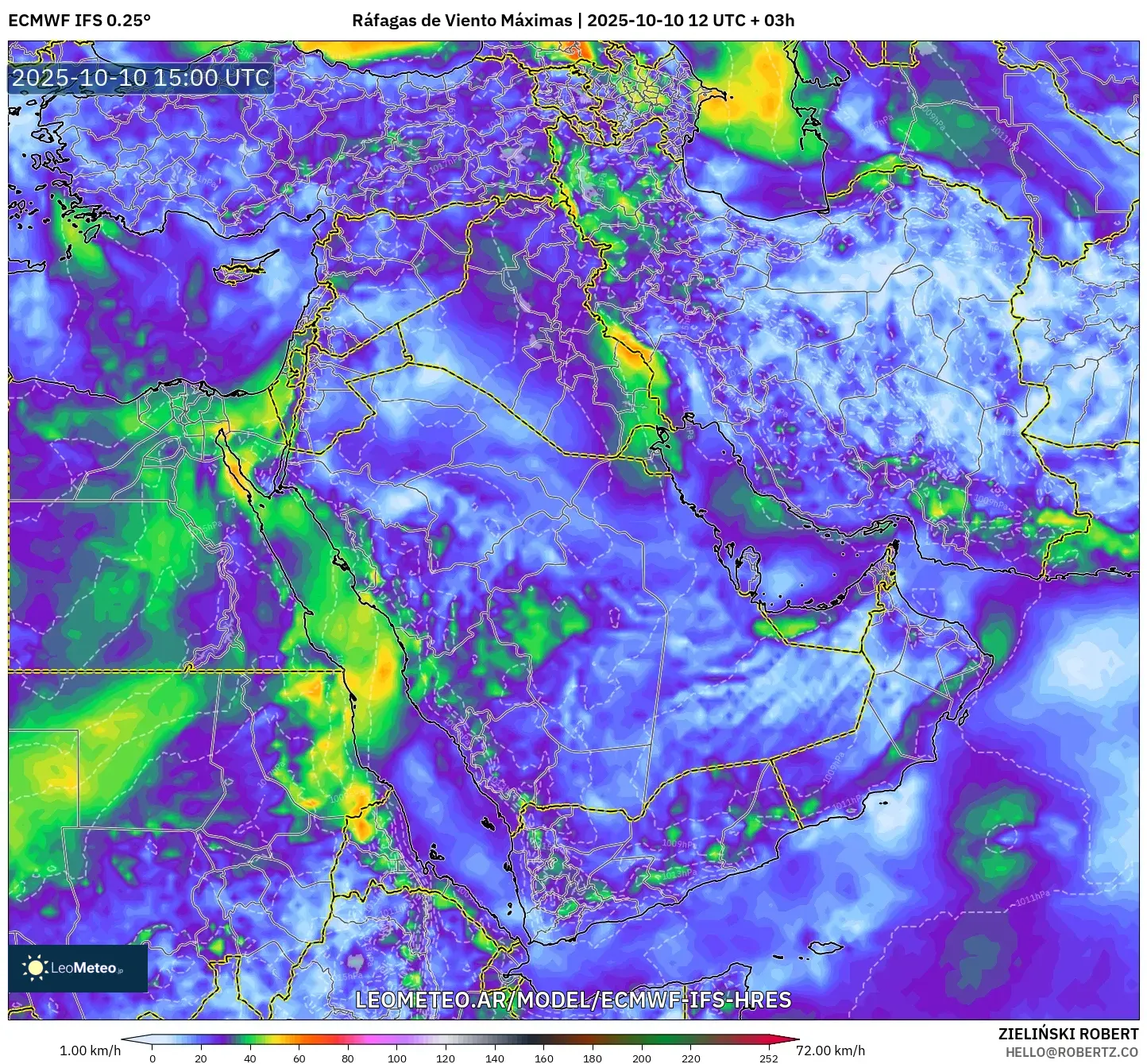 ECMWF IFS 0.25° model - Oriente Medio, Ráfagas de Viento Máximas ECMWF IFS 0.25° model - Oriente Medio, Ráfagas de Viento Máximas