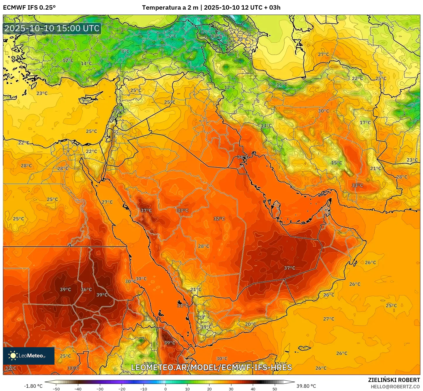 ECMWF IFS 0.25° model - Oriente Medio, Temperatura a 2 m ECMWF IFS 0.25° model - Oriente Medio, Temperatura a 2 m