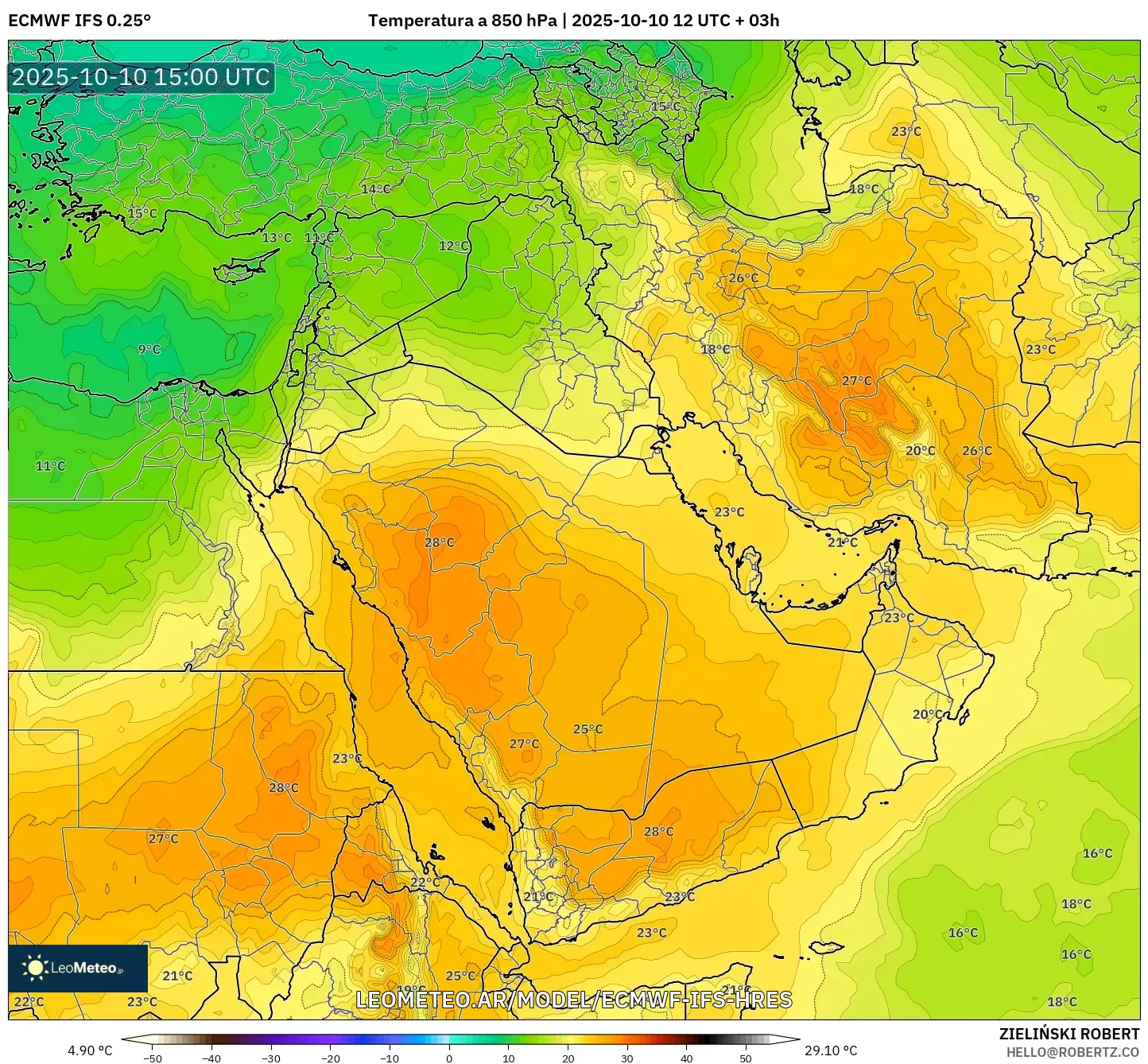 ECMWF IFS 0.25° model - Oriente Medio, Temperatura a 850 hPa ECMWF IFS 0.25° model - Oriente Medio, Temperatura a 850 hPa