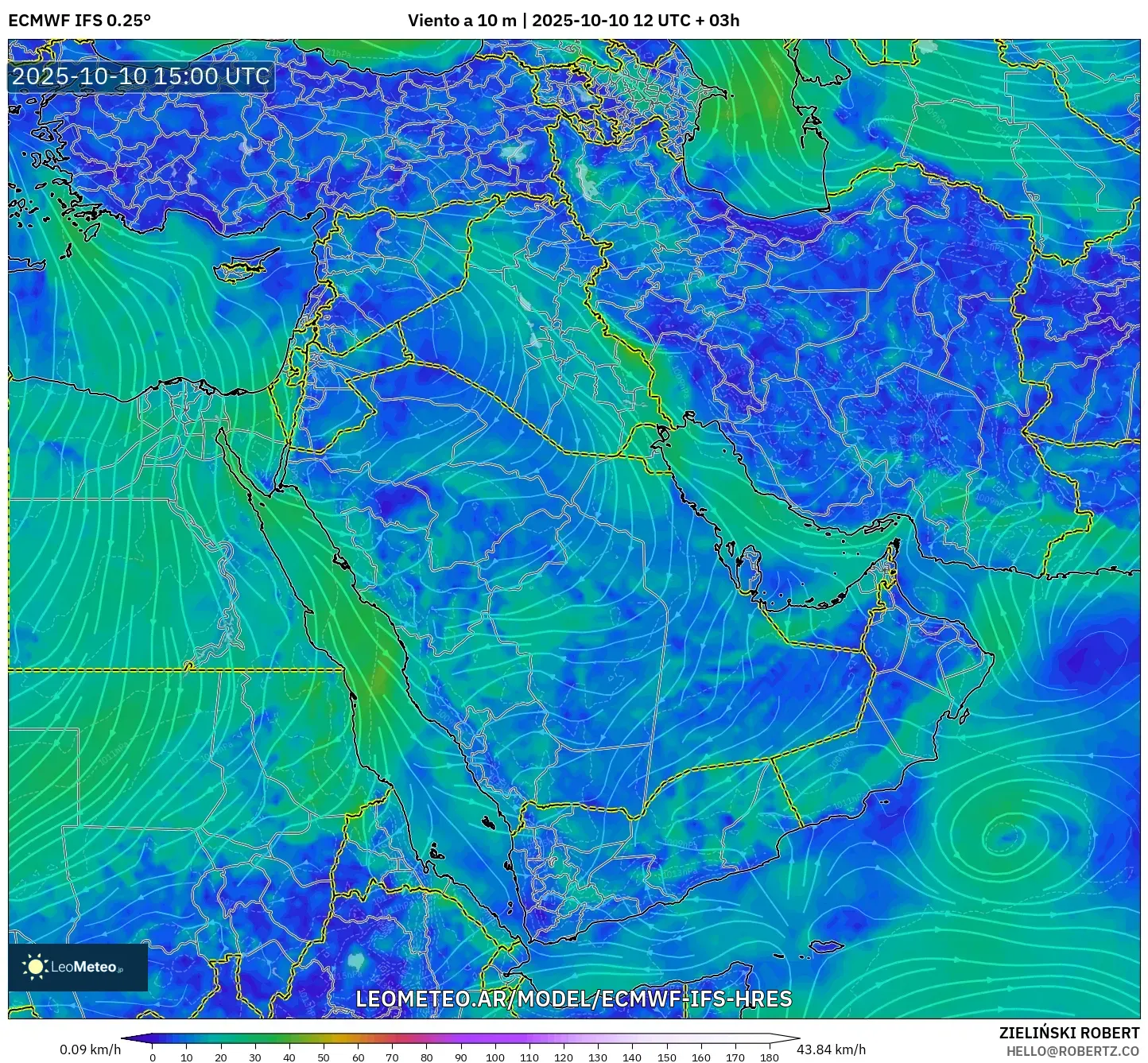 ECMWF IFS 0.25° model - Oriente Medio, Viento a 10 m ECMWF IFS 0.25° model - Oriente Medio, Viento a 10 m