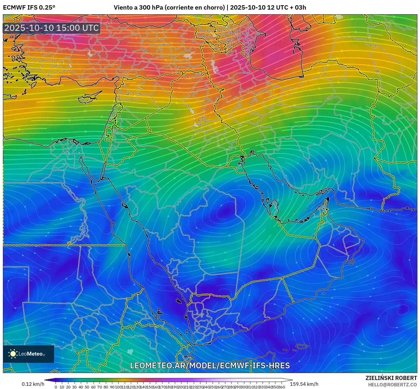 ECMWF IFS 0.25° model - Oriente Medio, Viento a 300 hPa (corriente en chorro) ECMWF IFS 0.25° model - Oriente Medio, Viento a 300 hPa (corriente en chorro)