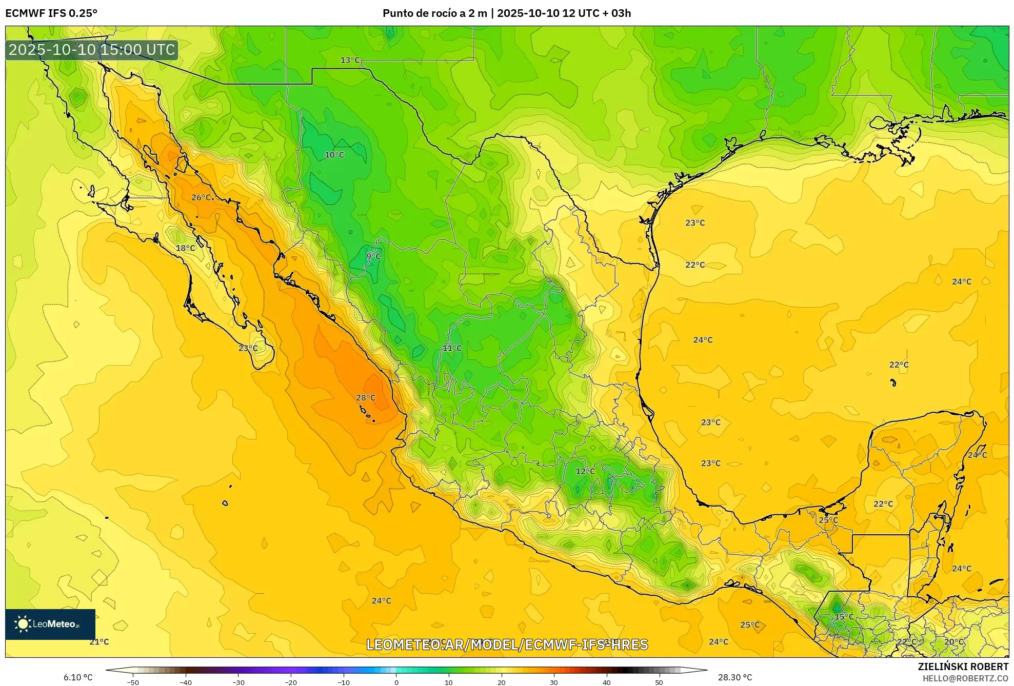 ECMWF IFS 0.25° model - México, Punto de rocío a 2 m ECMWF IFS 0.25° model - México, Punto de rocío a 2 m