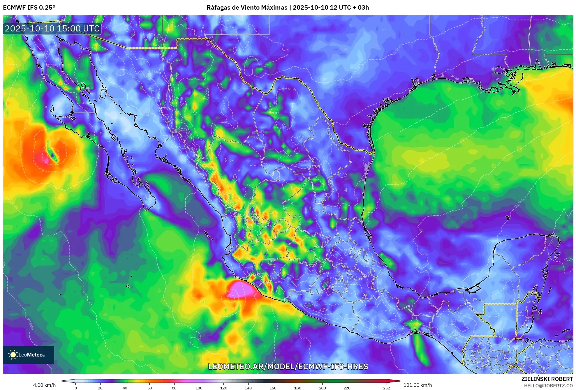ECMWF IFS 0.25° model - México, Ráfagas de Viento Máximas ECMWF IFS 0.25° model - México, Ráfagas de Viento Máximas