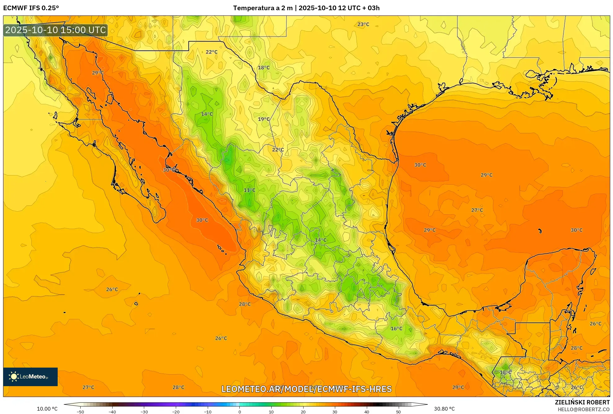 ECMWF IFS 0.25° model - México, Temperatura a 2 m
