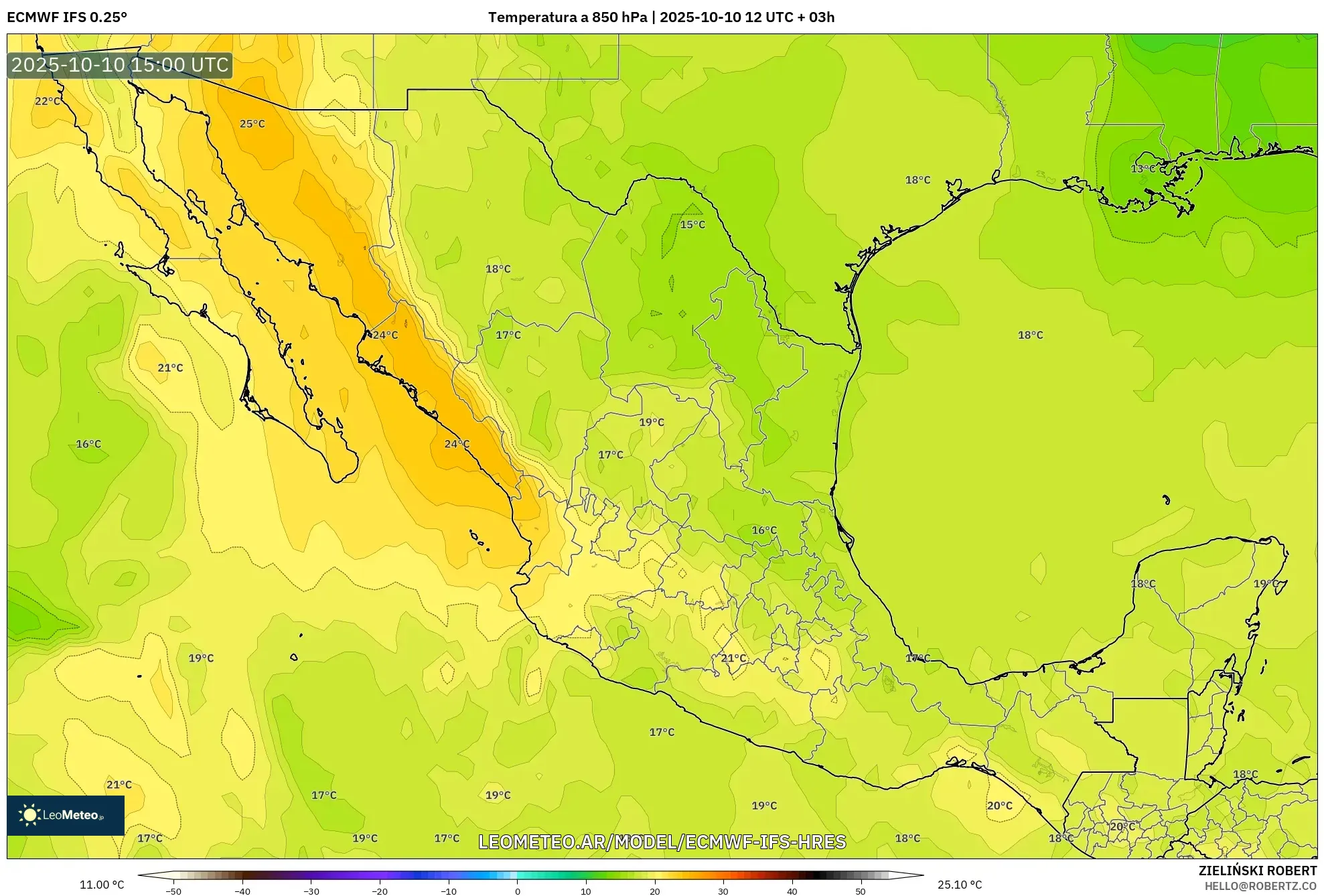 ECMWF IFS 0.25° model - México, Temperatura a 850 hPa ECMWF IFS 0.25° model - México, Temperatura a 850 hPa