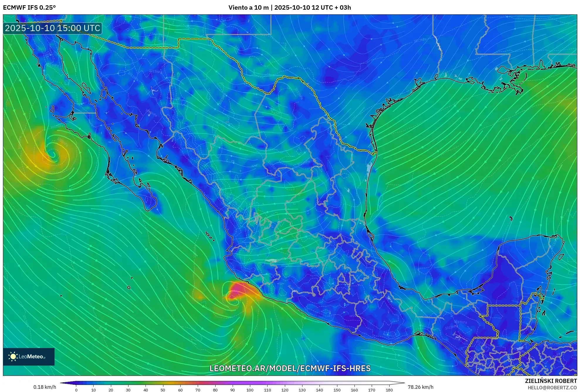ECMWF IFS 0.25° model - México, Viento a 10 m ECMWF IFS 0.25° model - México, Viento a 10 m