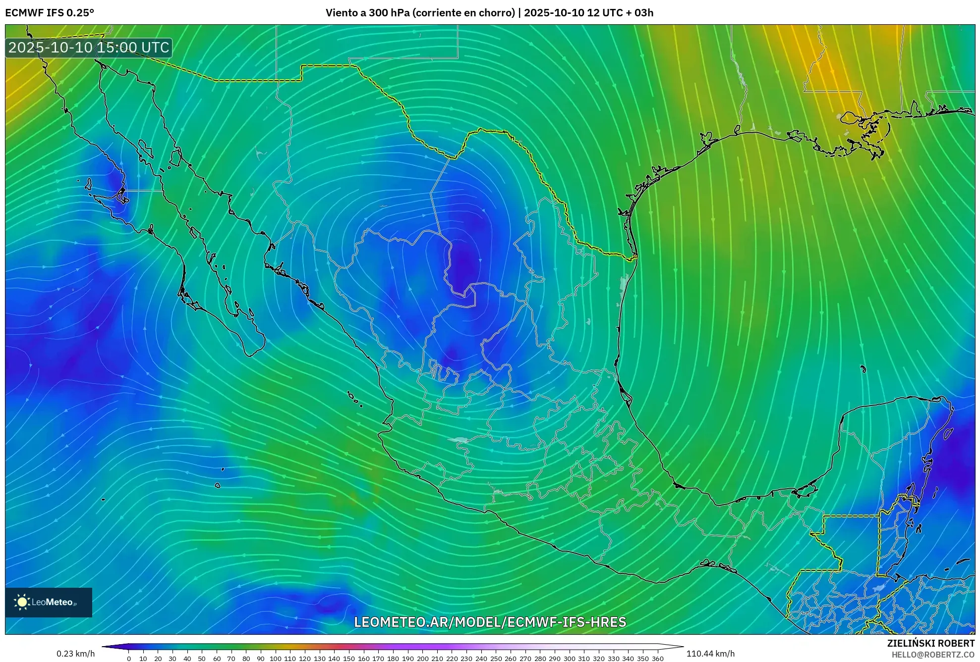 ECMWF IFS 0.25° model - México, Viento a 300 hPa (corriente en chorro) ECMWF IFS 0.25° model - México, Viento a 300 hPa (corriente en chorro)