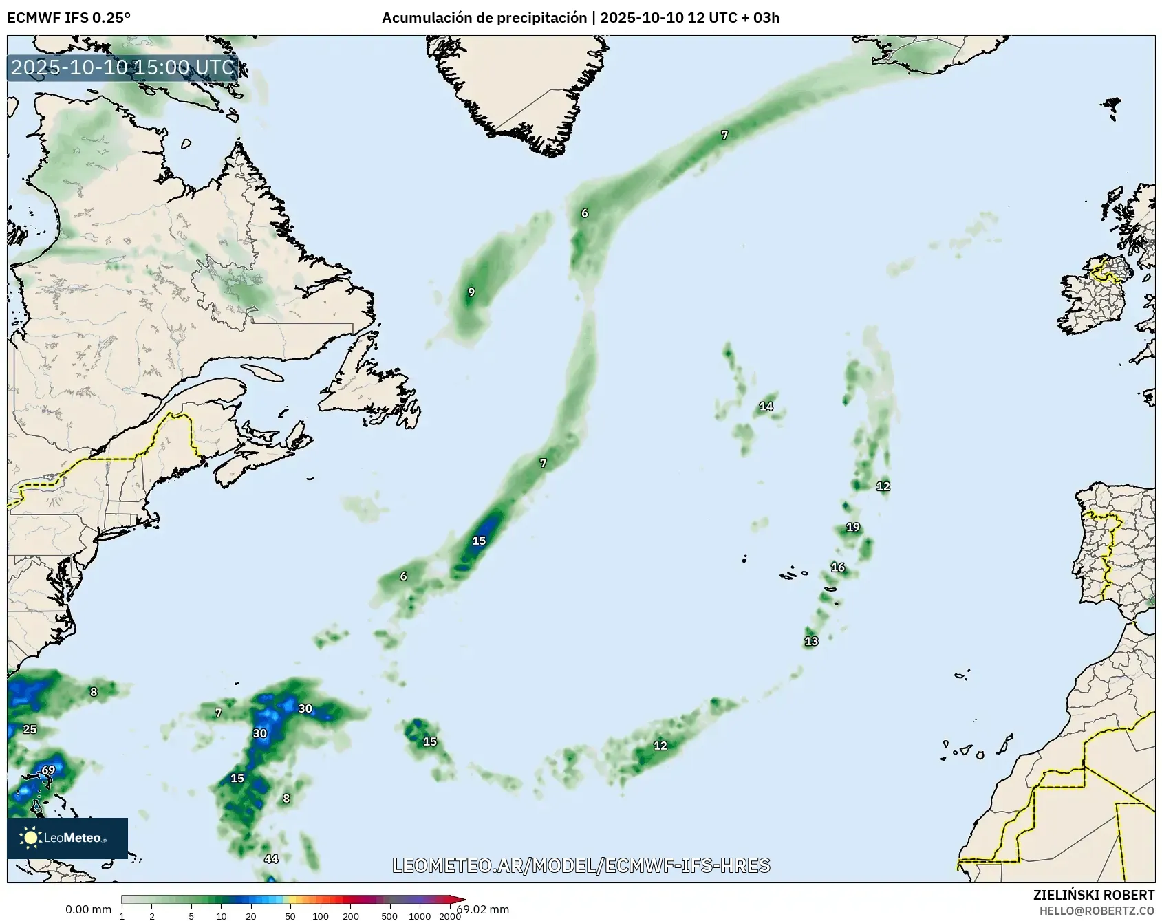 ECMWF IFS 0.25° model - Norte Atlántico, Acumulación de precipitación ECMWF IFS 0.25° model - Norte Atlántico, Acumulación de precipitación