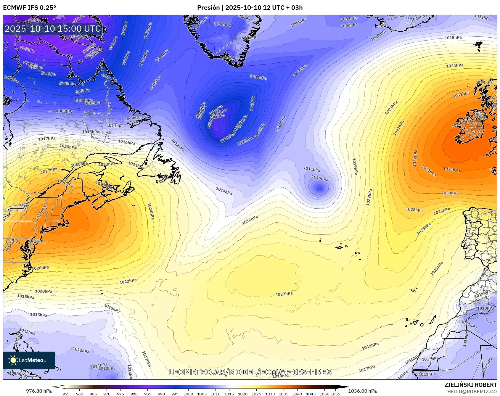 ECMWF IFS 0.25° model - Norte Atlántico, Presión ECMWF IFS 0.25° model - Norte Atlántico, Presión