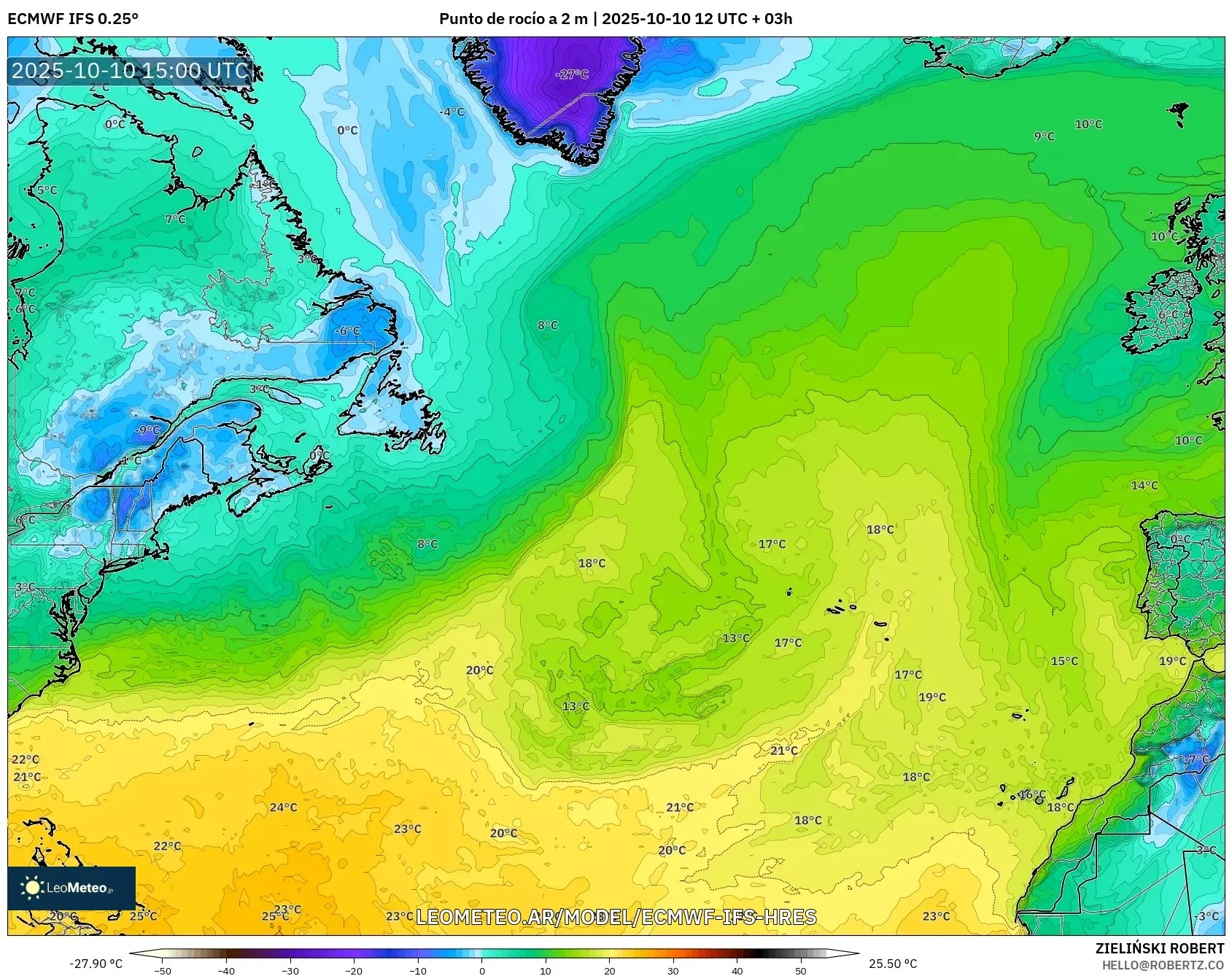 ECMWF IFS 0.25° model - Norte Atlántico, Punto de rocío a 2 m ECMWF IFS 0.25° model - Norte Atlántico, Punto de rocío a 2 m