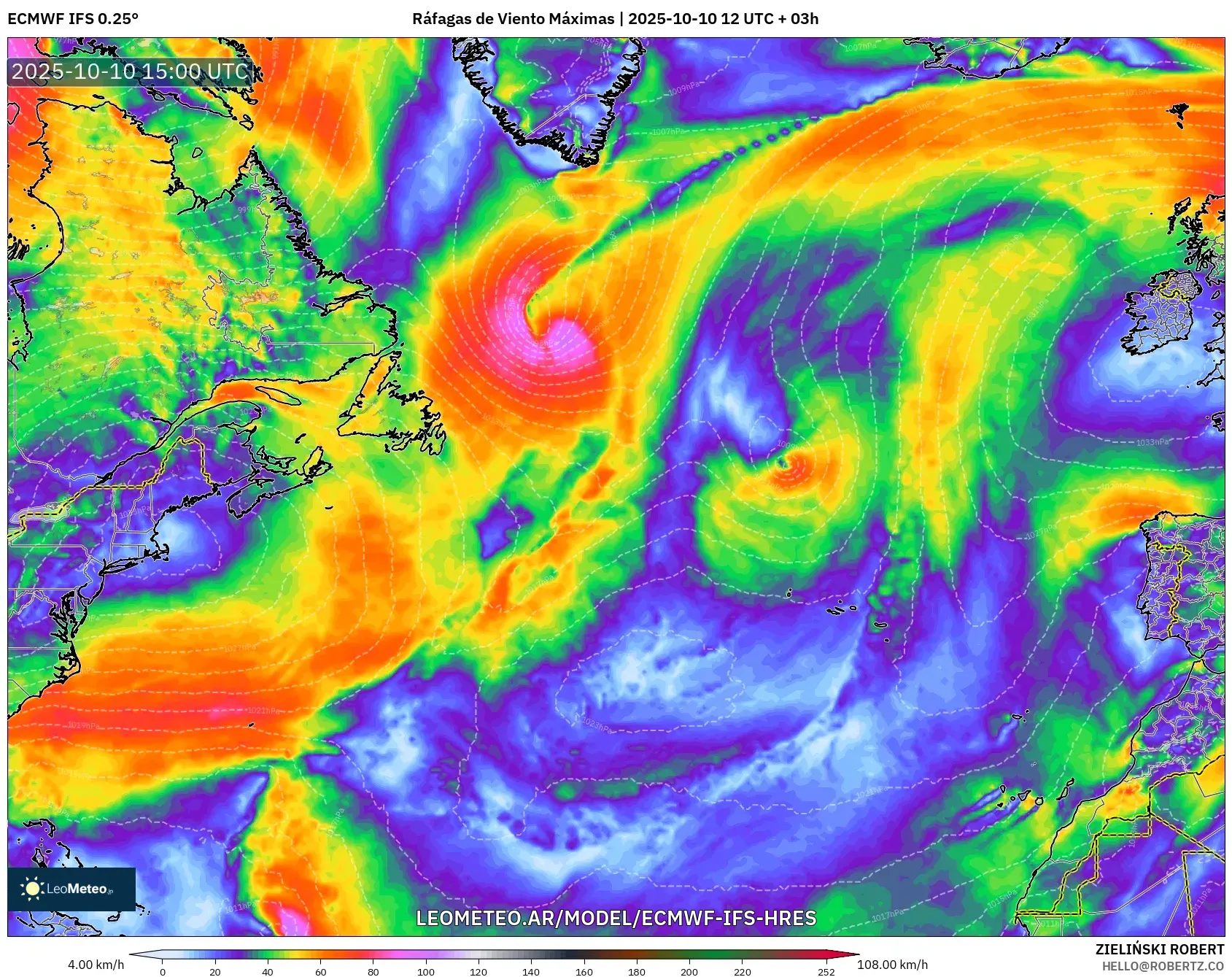 ECMWF IFS 0.25° model - Norte Atlántico, Ráfagas de Viento Máximas