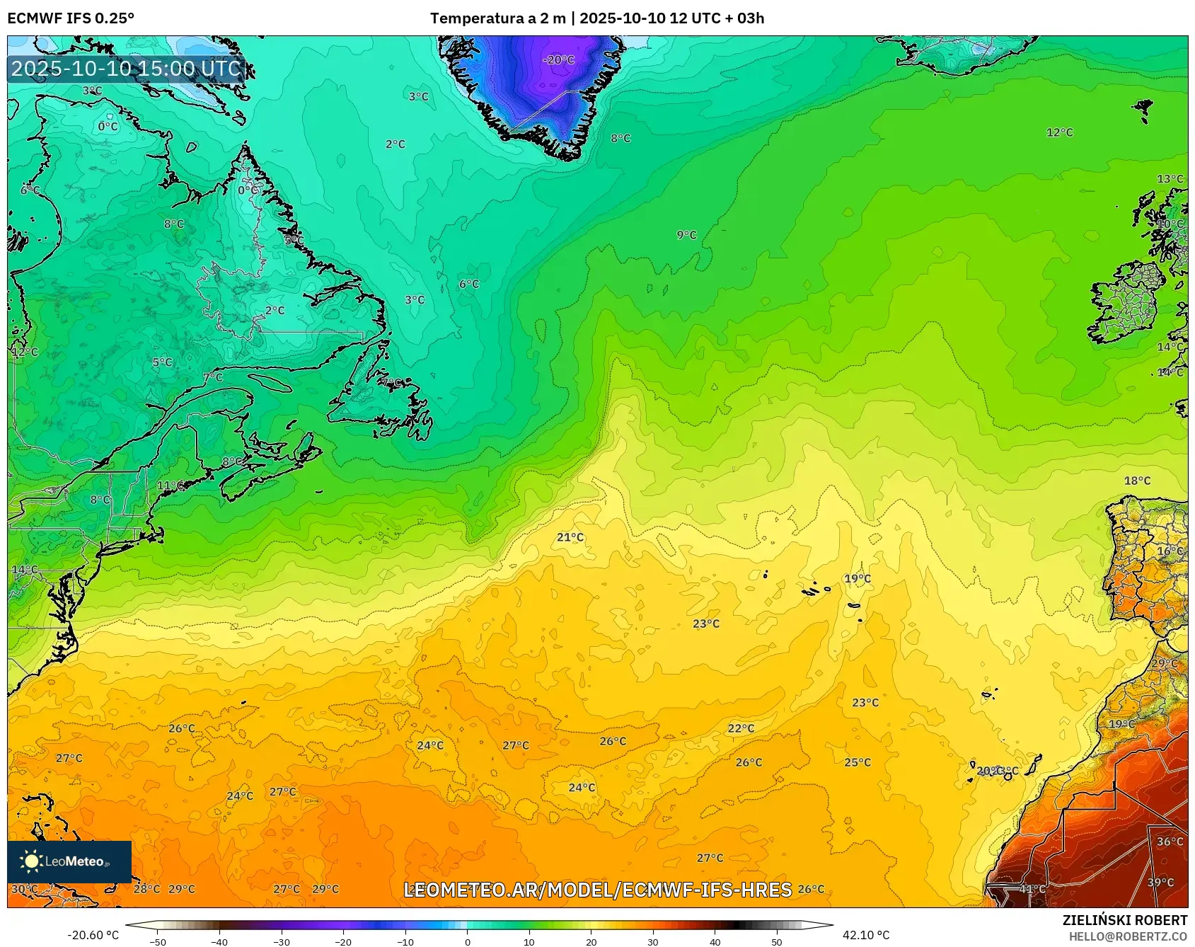 ECMWF IFS 0.25° model - Norte Atlántico, Temperatura a 2 m ECMWF IFS 0.25° model - Norte Atlántico, Temperatura a 2 m