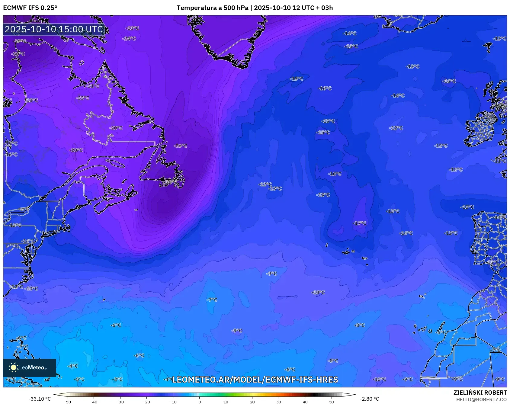 ECMWF IFS 0.25° model - Norte Atlántico, Temperatura a 500 hPa ECMWF IFS 0.25° model - Norte Atlántico, Temperatura a 500 hPa
