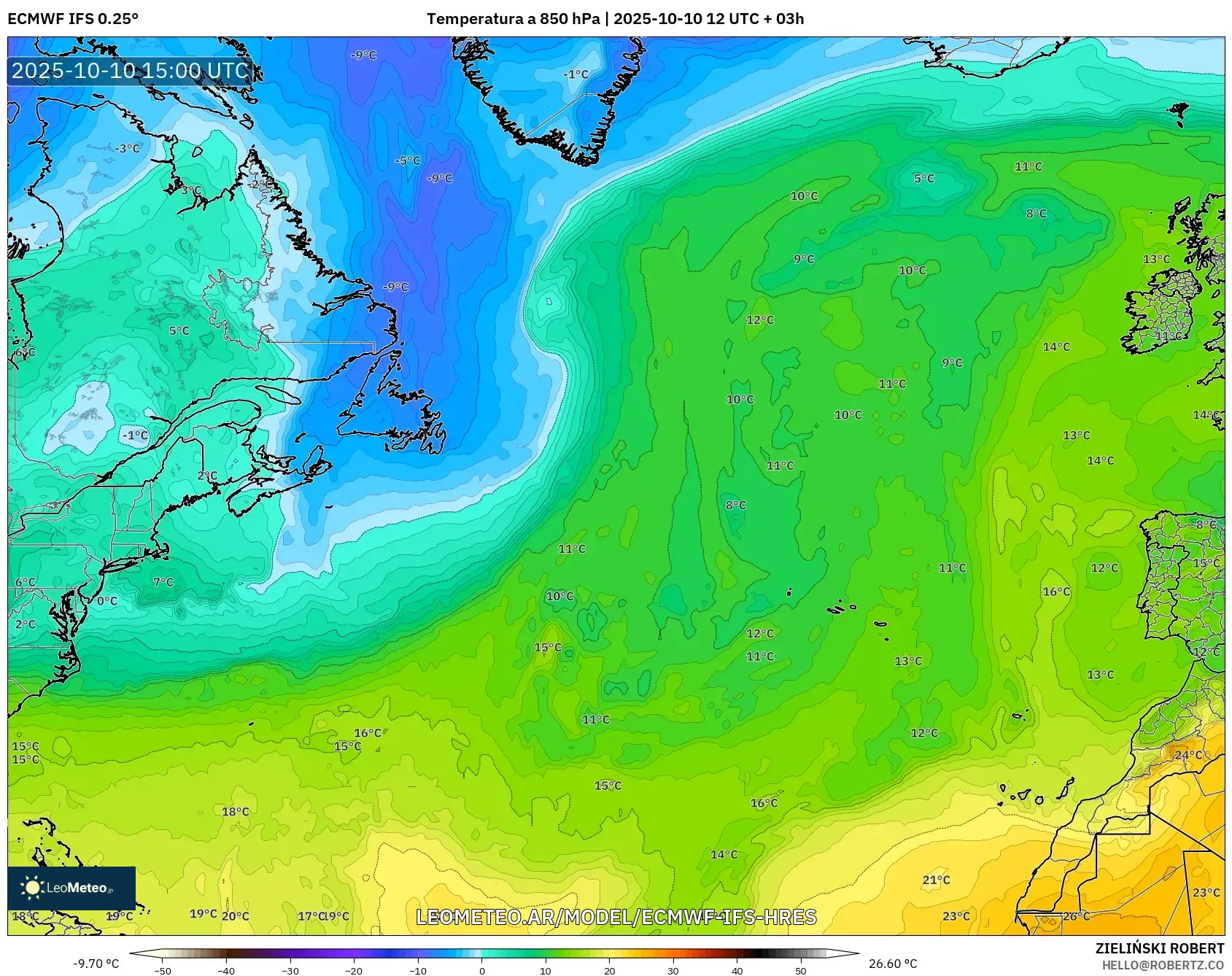 ECMWF IFS 0.25° model - Norte Atlántico, Temperatura a 850 hPa ECMWF IFS 0.25° model - Norte Atlántico, Temperatura a 850 hPa