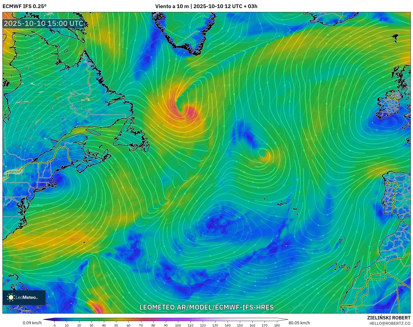 ECMWF IFS 0.25° model - Norte Atlántico, Viento a 10 m ECMWF IFS 0.25° model - Norte Atlántico, Viento a 10 m