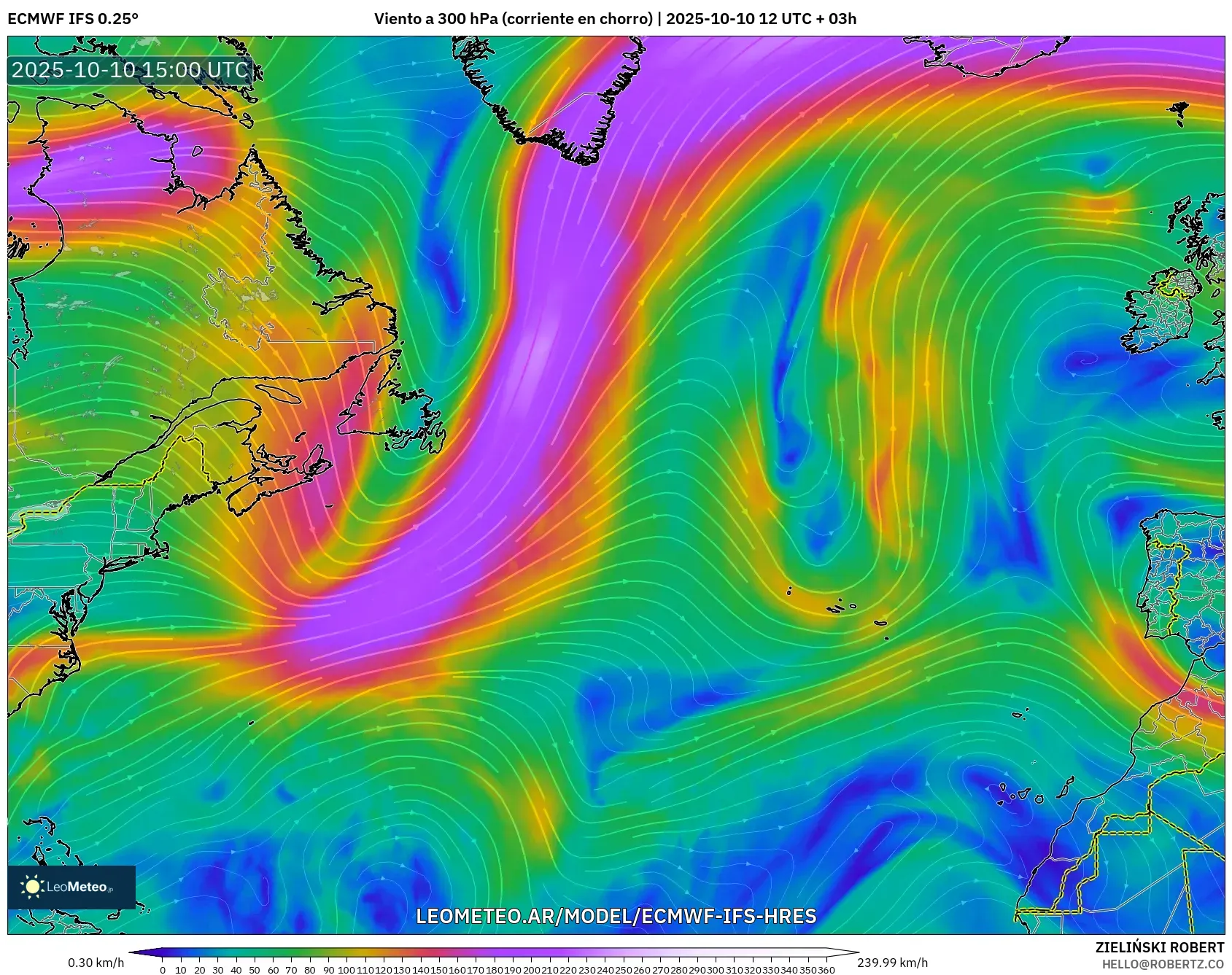 ECMWF IFS 0.25° model - Norte Atlántico, Viento a 300 hPa (corriente en chorro) ECMWF IFS 0.25° model - Norte Atlántico, Viento a 300 hPa (corriente en chorro)