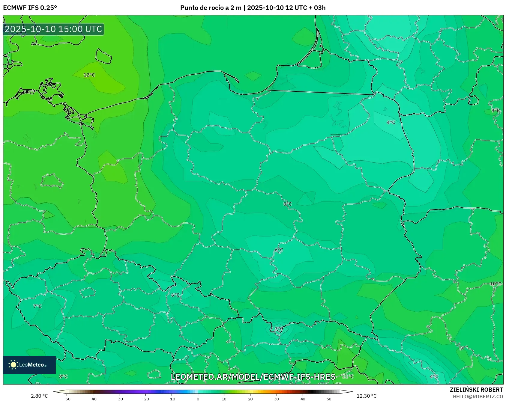 ECMWF IFS 0.25° model - Polonia, Punto de rocío a 2 m ECMWF IFS 0.25° model - Polonia, Punto de rocío a 2 m