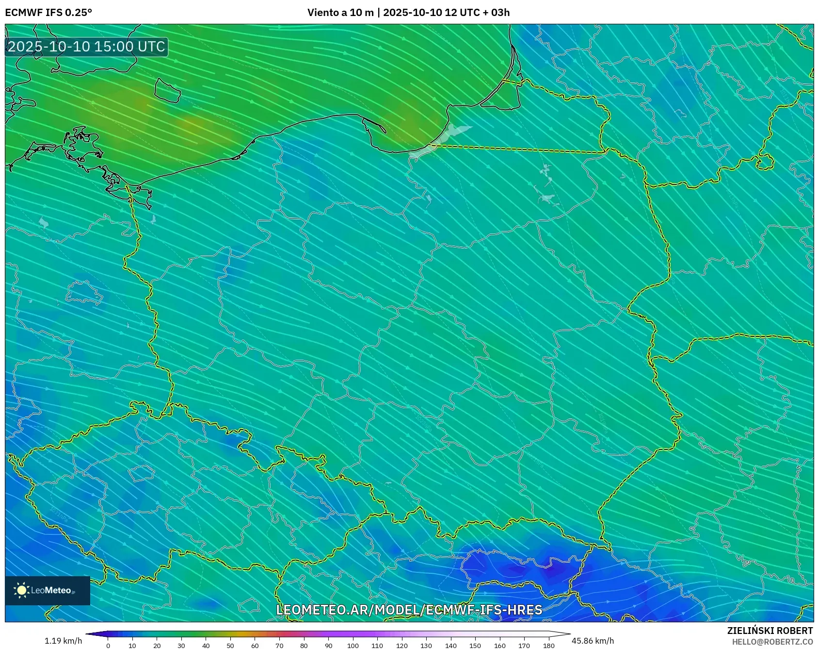 ECMWF IFS 0.25° model - Polonia, Viento a 10 m ECMWF IFS 0.25° model - Polonia, Viento a 10 m