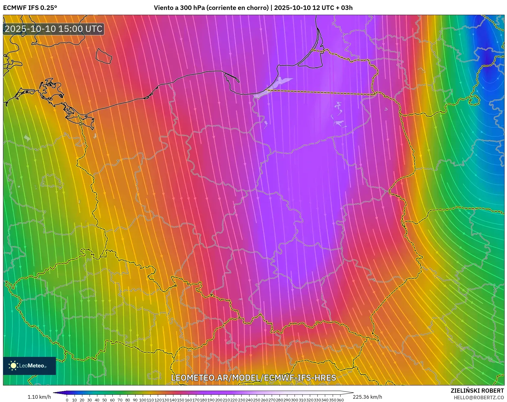 ECMWF IFS 0.25° model - Polonia, Viento a 300 hPa (corriente en chorro) ECMWF IFS 0.25° model - Polonia, Viento a 300 hPa (corriente en chorro)