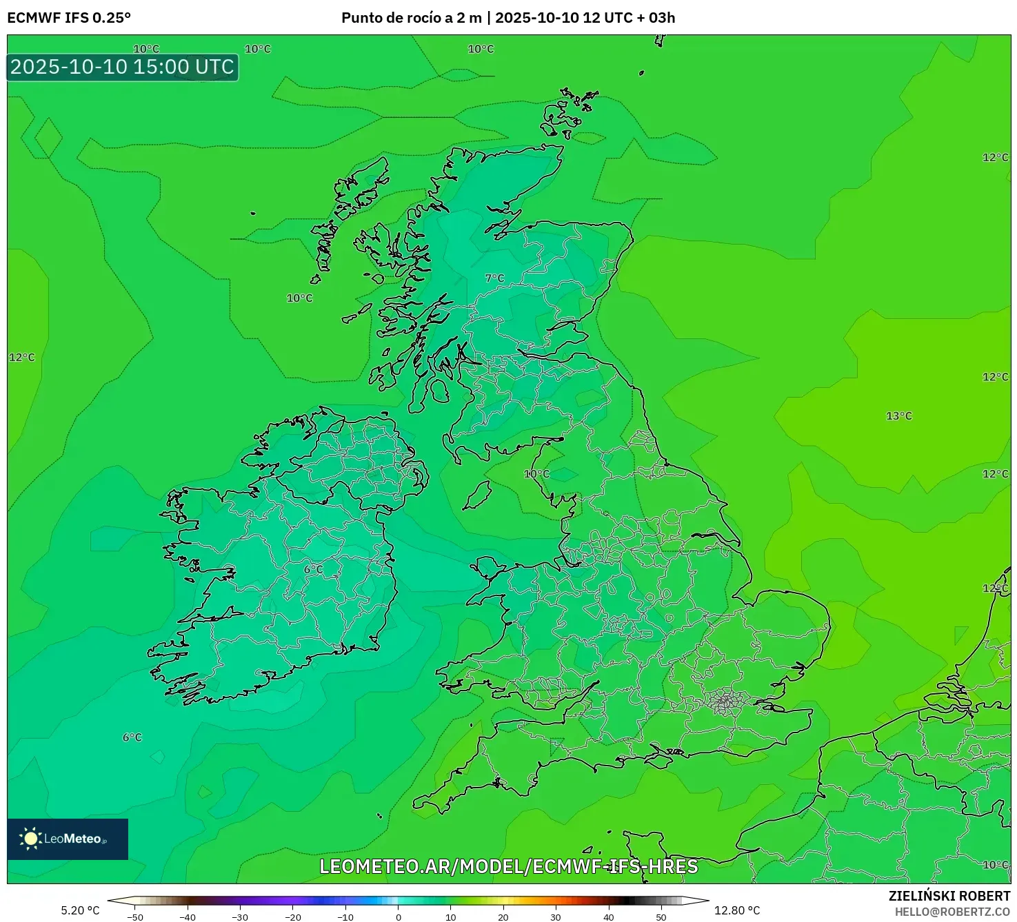 ECMWF IFS 0.25° model - Reino Unido, Punto de rocío a 2 m ECMWF IFS 0.25° model - Reino Unido, Punto de rocío a 2 m