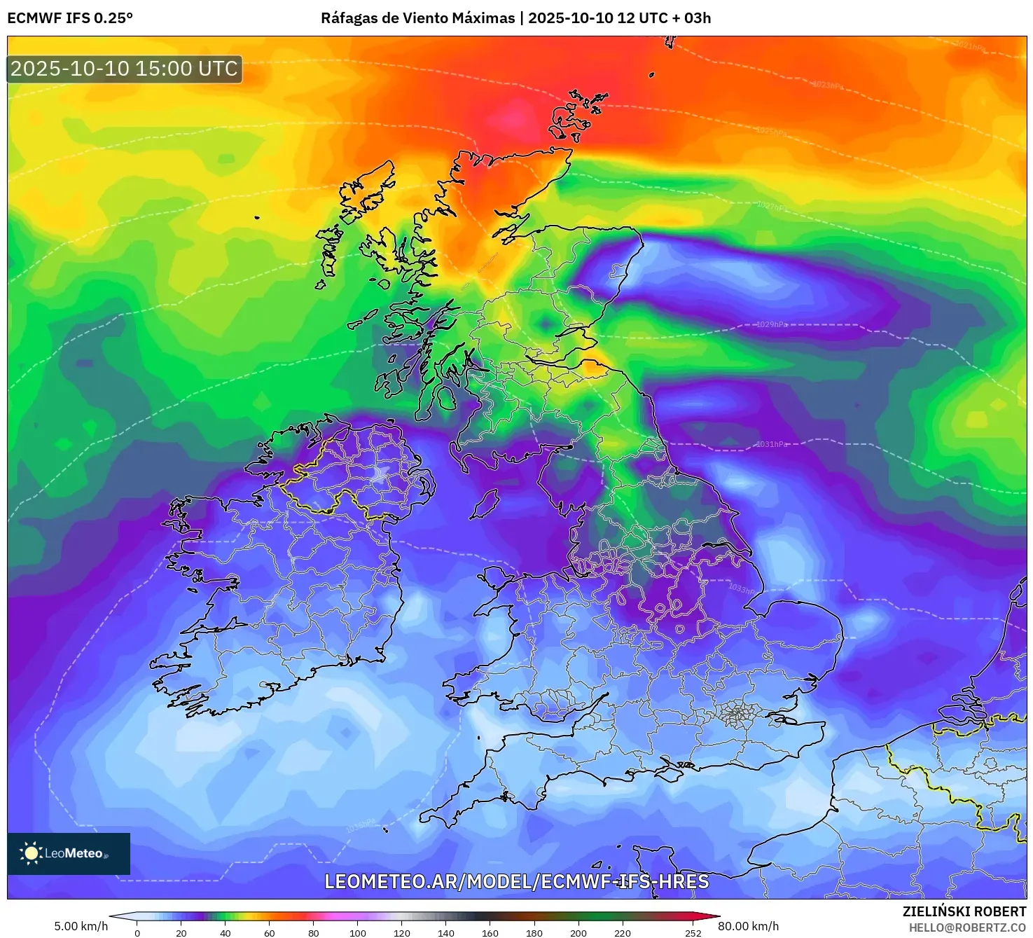 ECMWF IFS 0.25° model - Reino Unido, Ráfagas de Viento Máximas ECMWF IFS 0.25° model - Reino Unido, Ráfagas de Viento Máximas