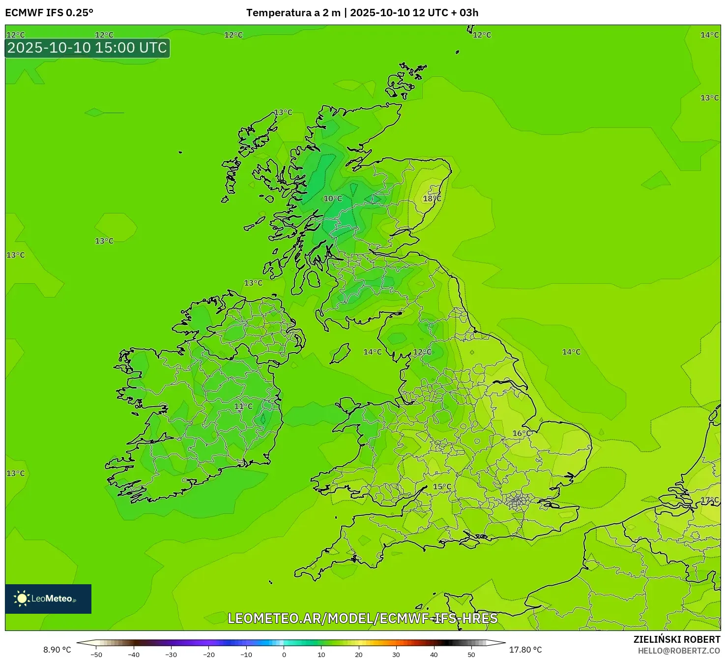 ECMWF IFS 0.25° model - Reino Unido, Temperatura a 2 m ECMWF IFS 0.25° model - Reino Unido, Temperatura a 2 m