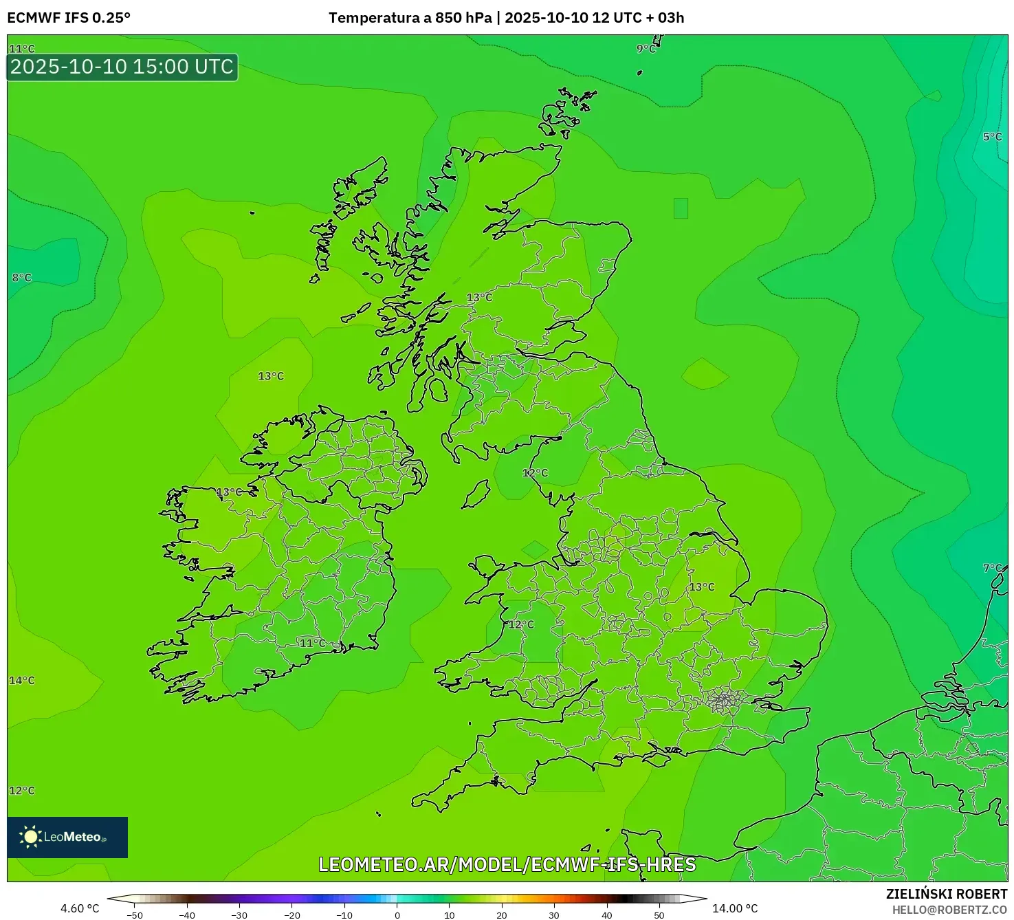 ECMWF IFS 0.25° model - Reino Unido, Temperatura a 850 hPa ECMWF IFS 0.25° model - Reino Unido, Temperatura a 850 hPa