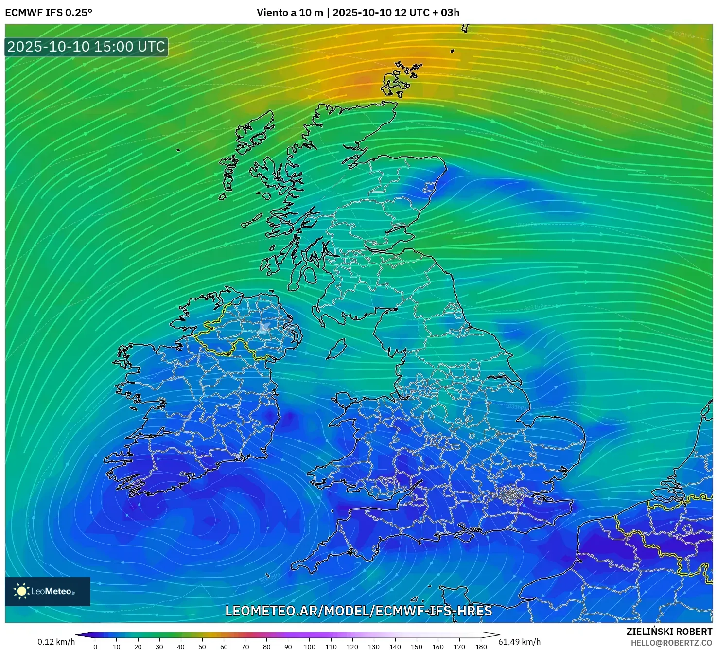 ECMWF IFS 0.25° model - Reino Unido, Viento a 10 m ECMWF IFS 0.25° model - Reino Unido, Viento a 10 m