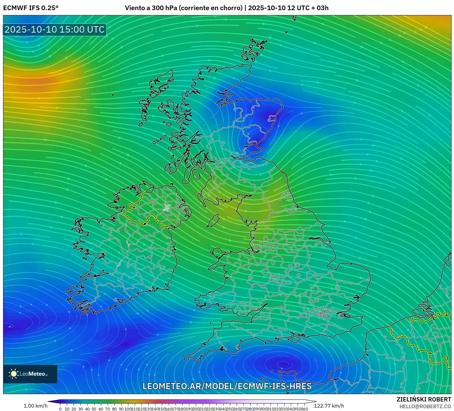 ECMWF IFS 0.25° model - Reino Unido, Viento a 300 hPa (corriente en chorro) ECMWF IFS 0.25° model - Reino Unido, Viento a 300 hPa (corriente en chorro)