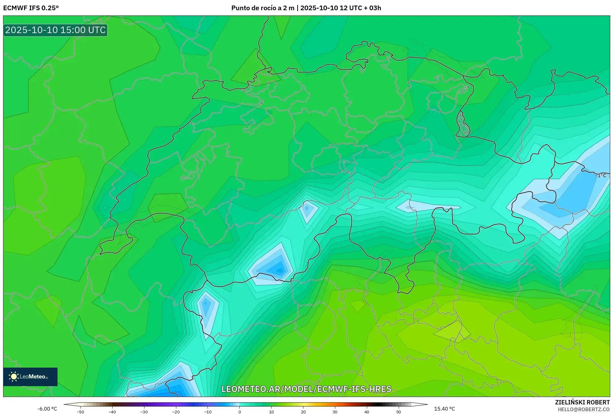 ECMWF IFS 0.25° model - Suiza, Punto de rocío a 2 m ECMWF IFS 0.25° model - Suiza, Punto de rocío a 2 m