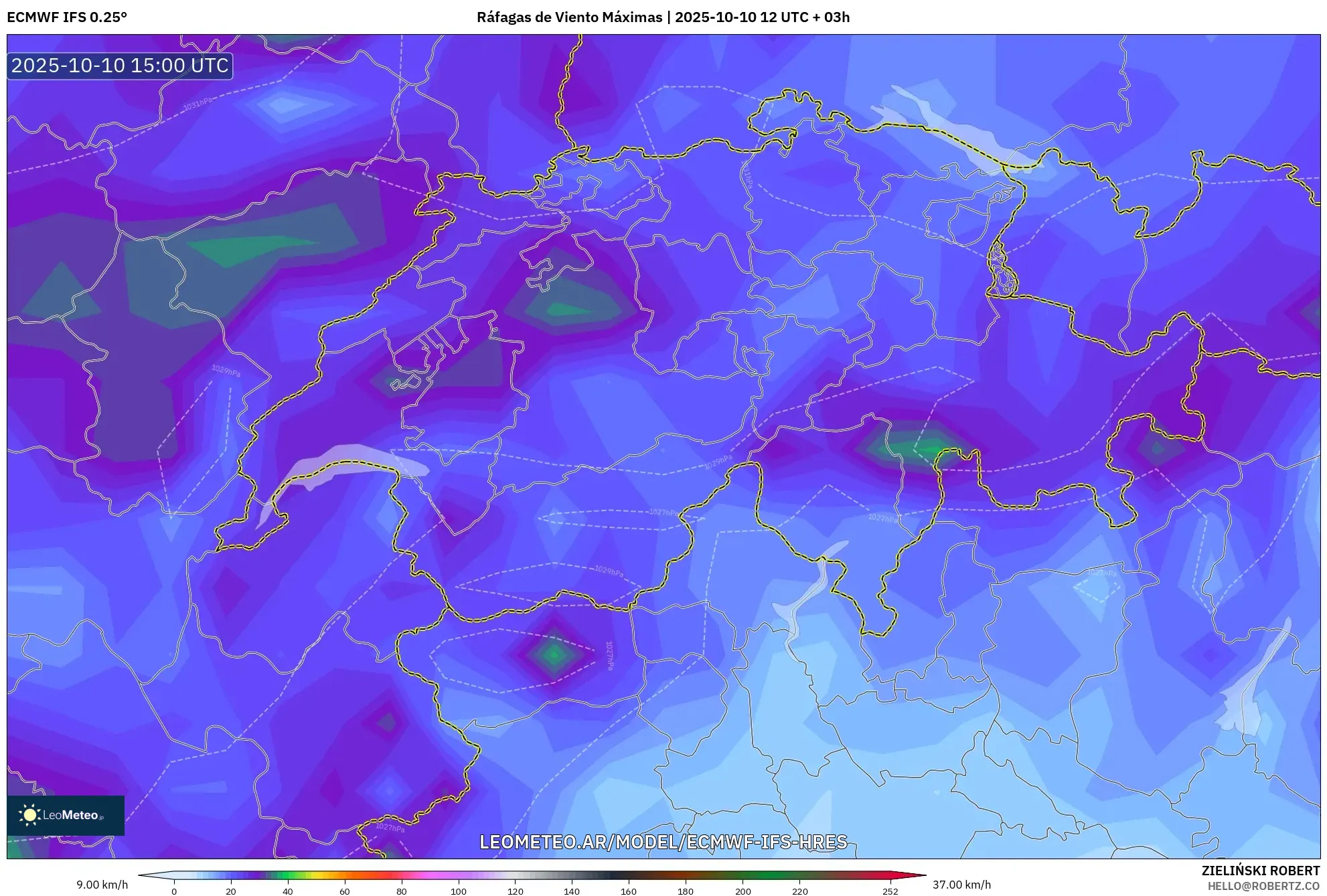 ECMWF IFS 0.25° model - Suiza, Ráfagas de Viento Máximas ECMWF IFS 0.25° model - Suiza, Ráfagas de Viento Máximas