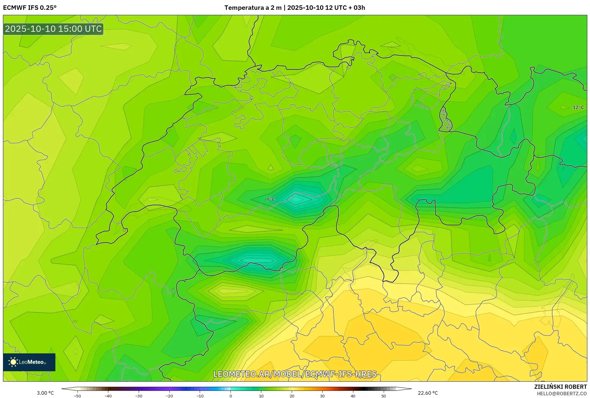 ECMWF IFS 0.25° model - Suiza, Temperatura a 2 m ECMWF IFS 0.25° model - Suiza, Temperatura a 2 m