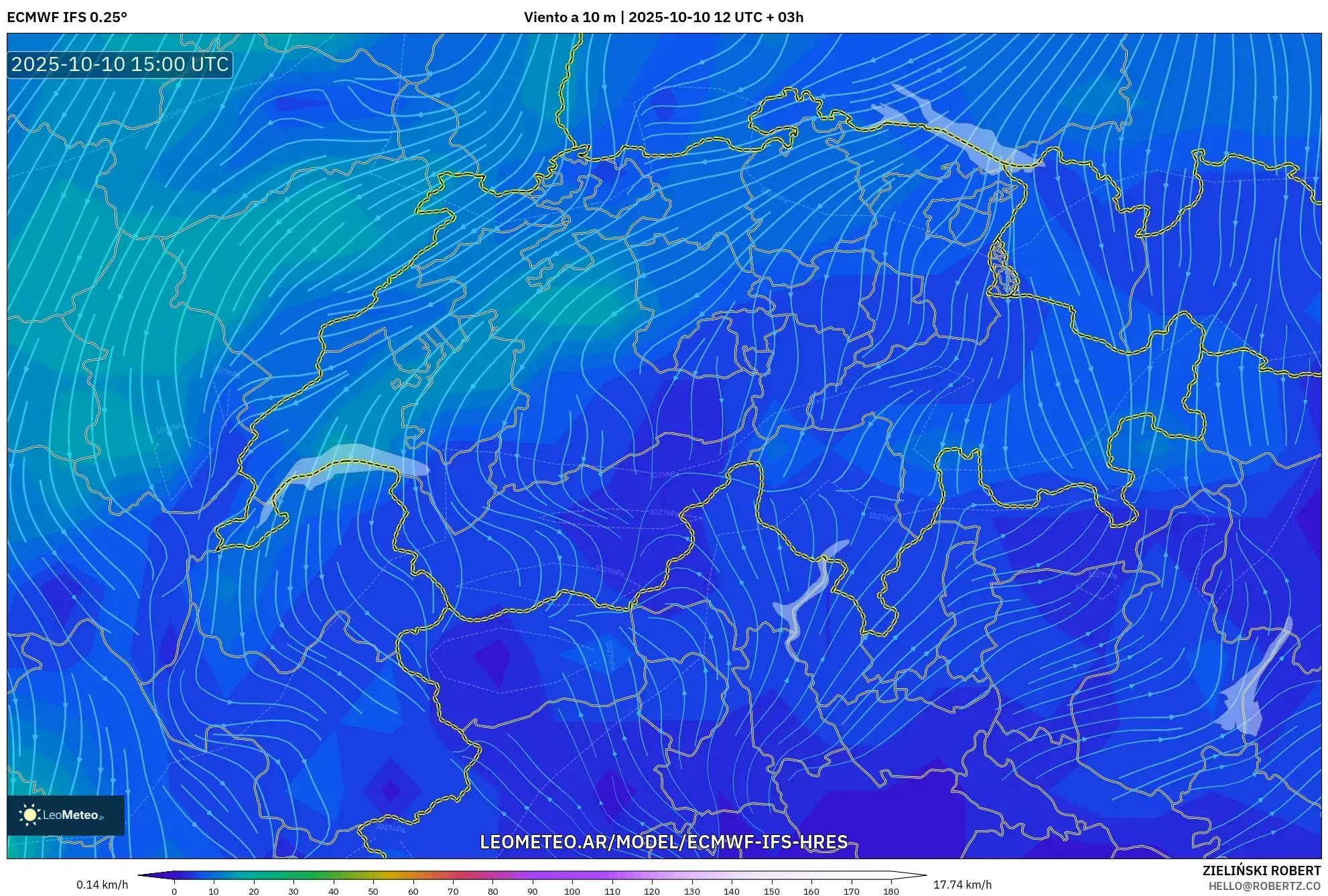 ECMWF IFS 0.25° model - Suiza, Viento a 10 m ECMWF IFS 0.25° model - Suiza, Viento a 10 m