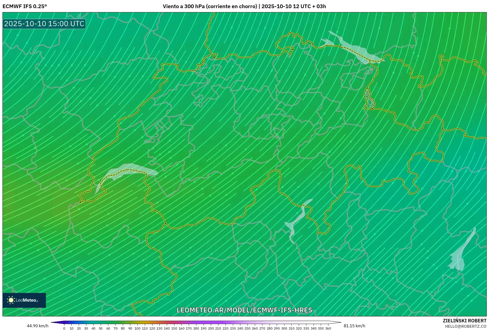 ECMWF IFS 0.25° model - Suiza, Viento a 300 hPa (corriente en chorro) ECMWF IFS 0.25° model - Suiza, Viento a 300 hPa (corriente en chorro)