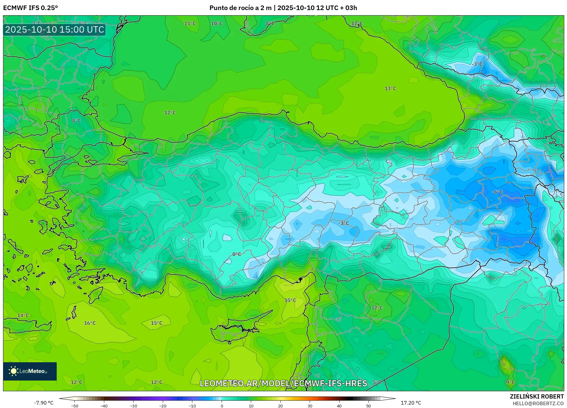 ECMWF IFS 0.25° model - Turquía, Punto de rocío a 2 m ECMWF IFS 0.25° model - Turquía, Punto de rocío a 2 m