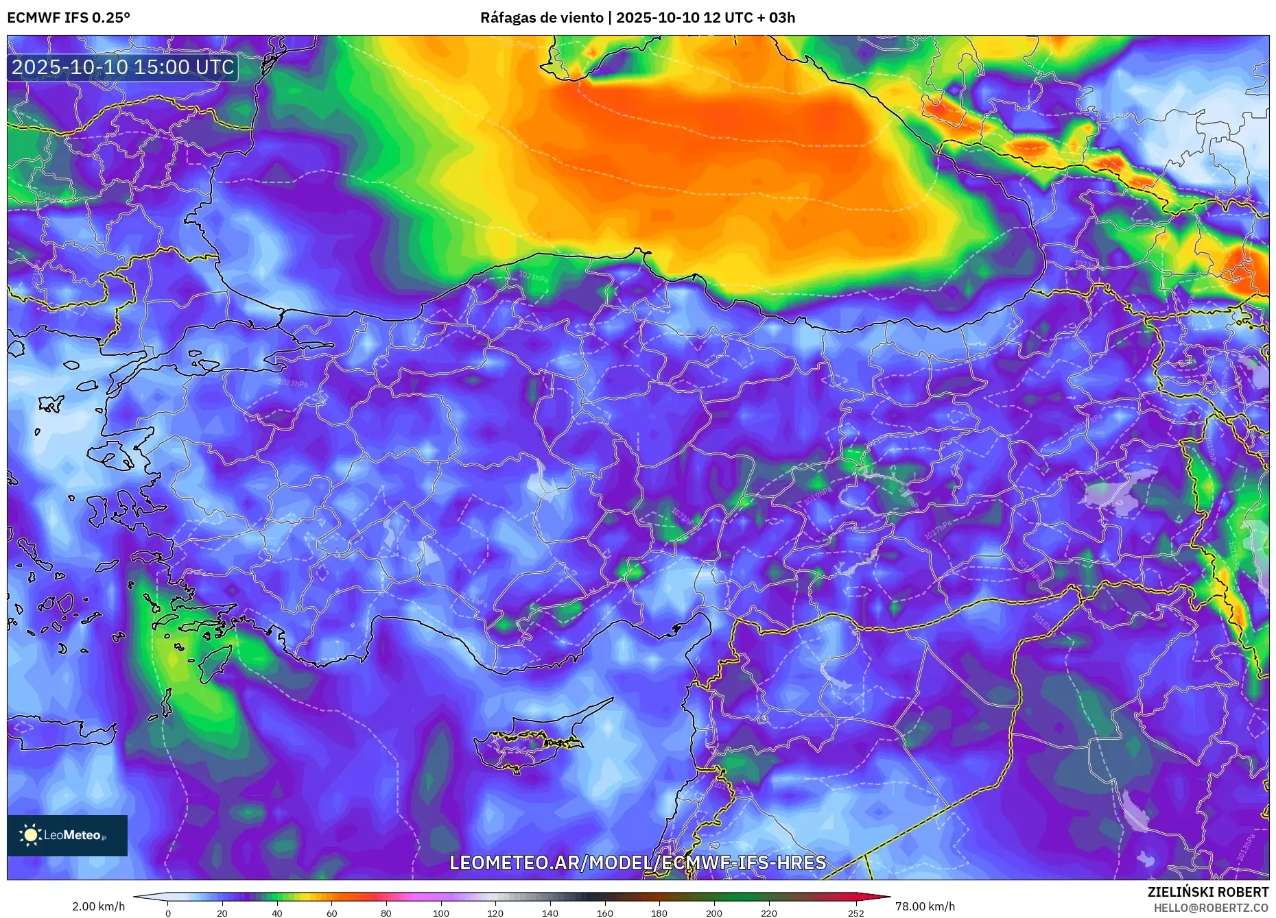 ECMWF IFS 0.25° model - Turquía, Ráfagas de viento ECMWF IFS 0.25° model - Turquía, Ráfagas de viento