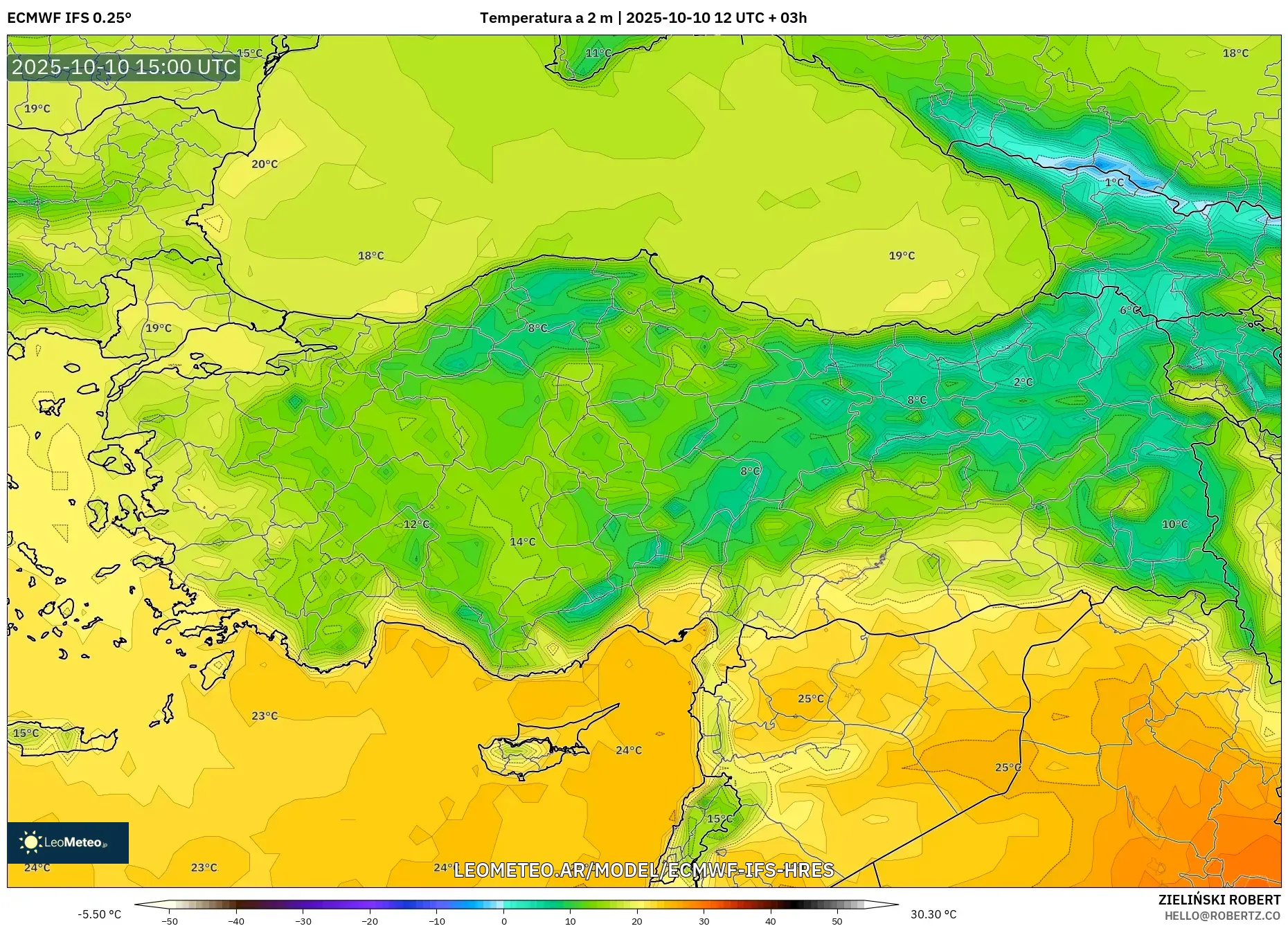 ECMWF IFS 0.25° model - Turquía, Temperatura a 2 m ECMWF IFS 0.25° model - Turquía, Temperatura a 2 m
