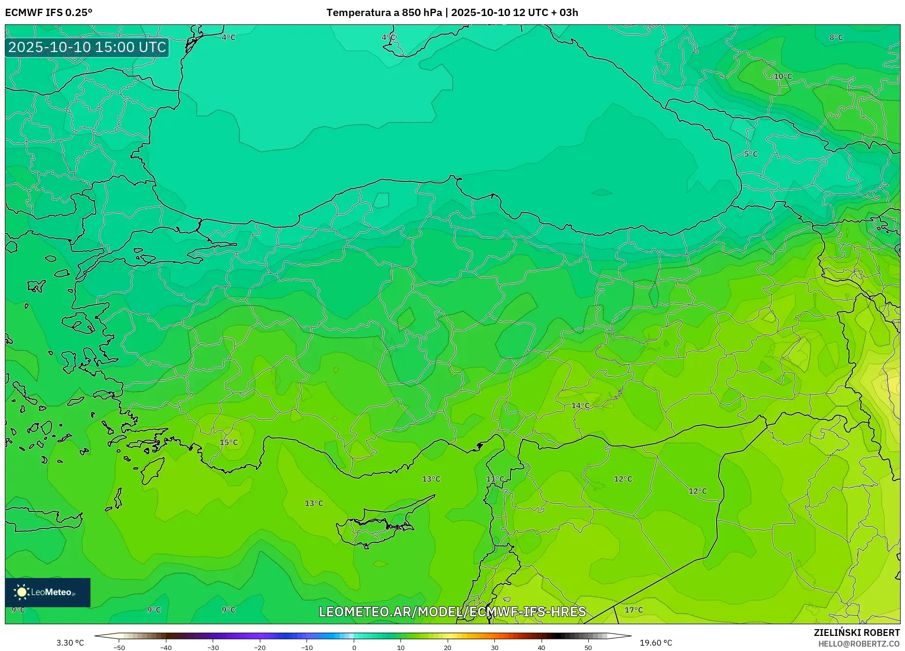 ECMWF IFS 0.25° model - Turquía, Temperatura a 850 hPa ECMWF IFS 0.25° model - Turquía, Temperatura a 850 hPa