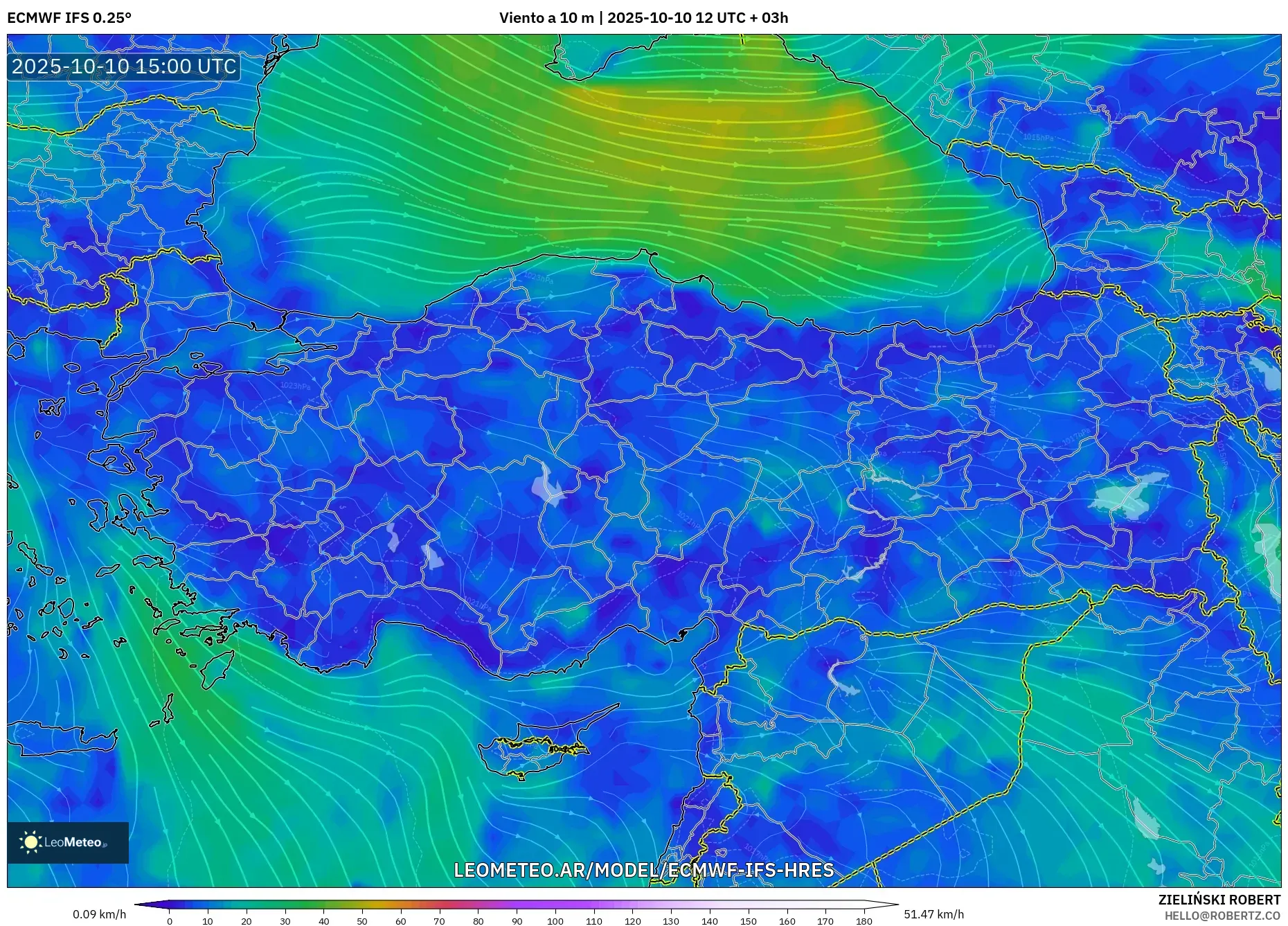 ECMWF IFS 0.25° model - Turquía, Viento a 10 m ECMWF IFS 0.25° model - Turquía, Viento a 10 m