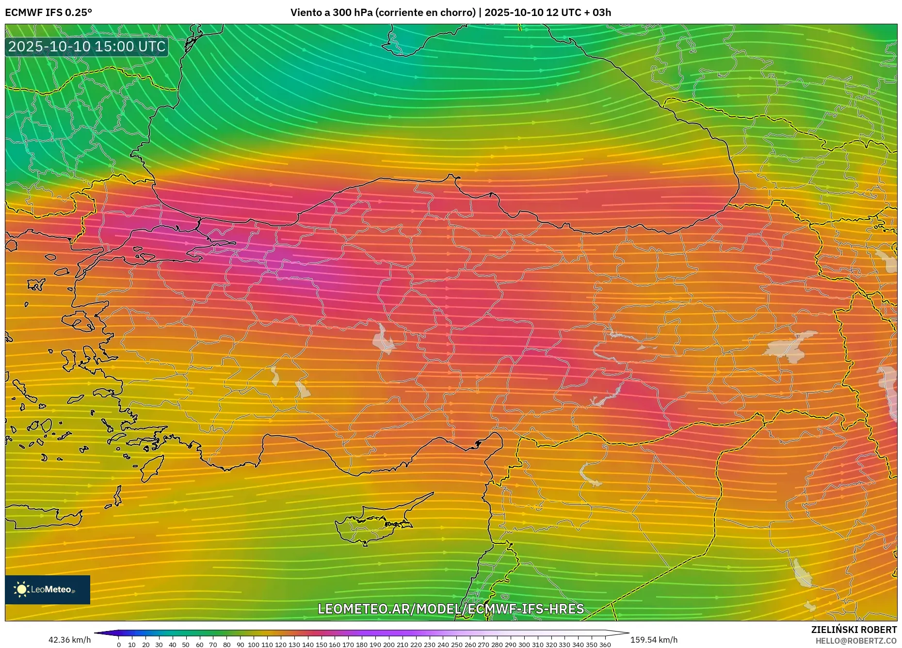 ECMWF IFS 0.25° model - Turquía, Viento a 300 hPa (corriente en chorro) ECMWF IFS 0.25° model - Turquía, Viento a 300 hPa (corriente en chorro)