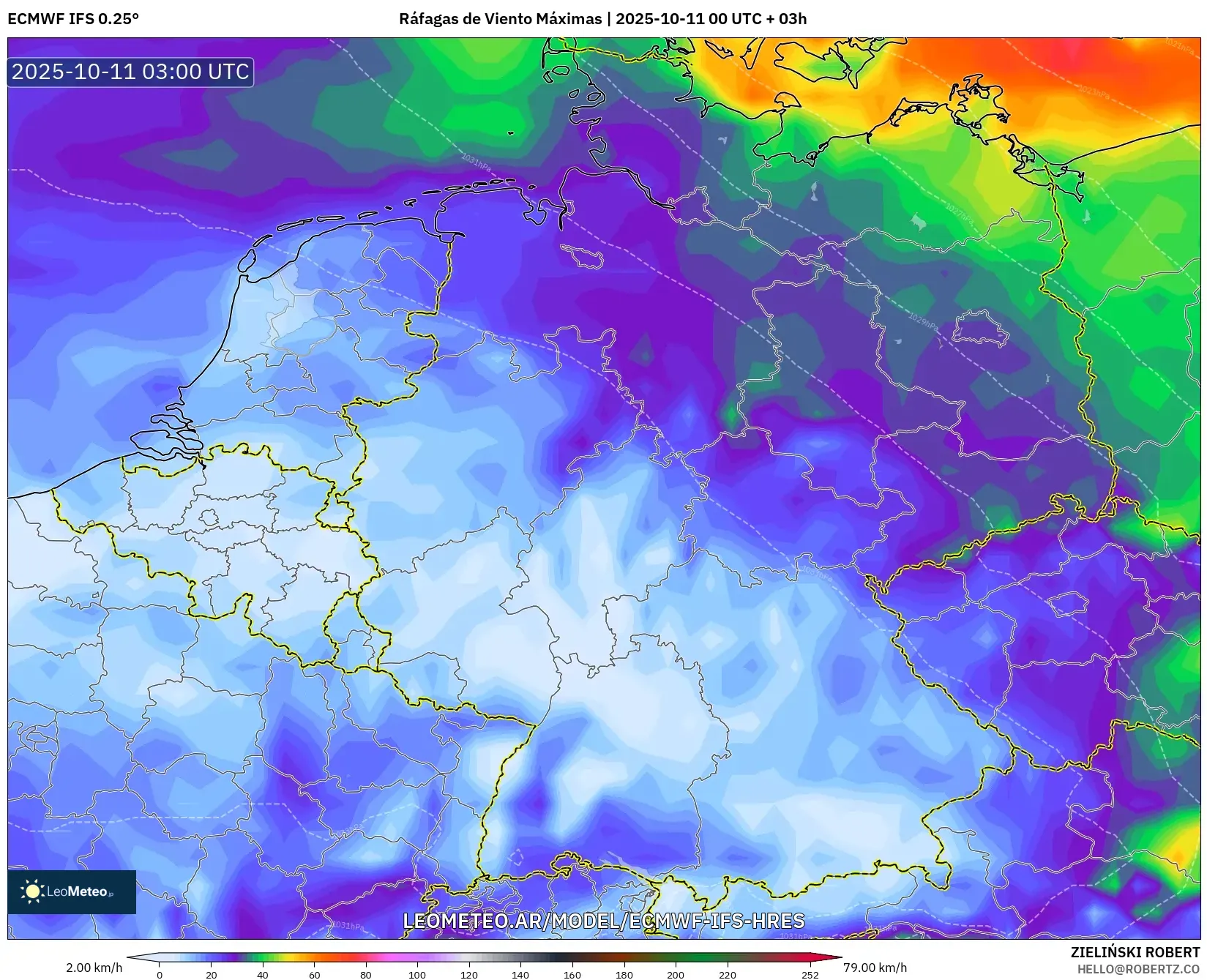 ECMWF IFS 0.25° model - Alemania, Ráfagas de Viento Máximas