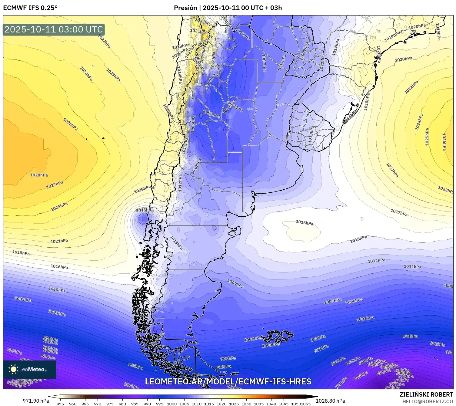 ECMWF IFS 0.25° model - Argentina, Presión ECMWF IFS 0.25° model - Argentina, Presión